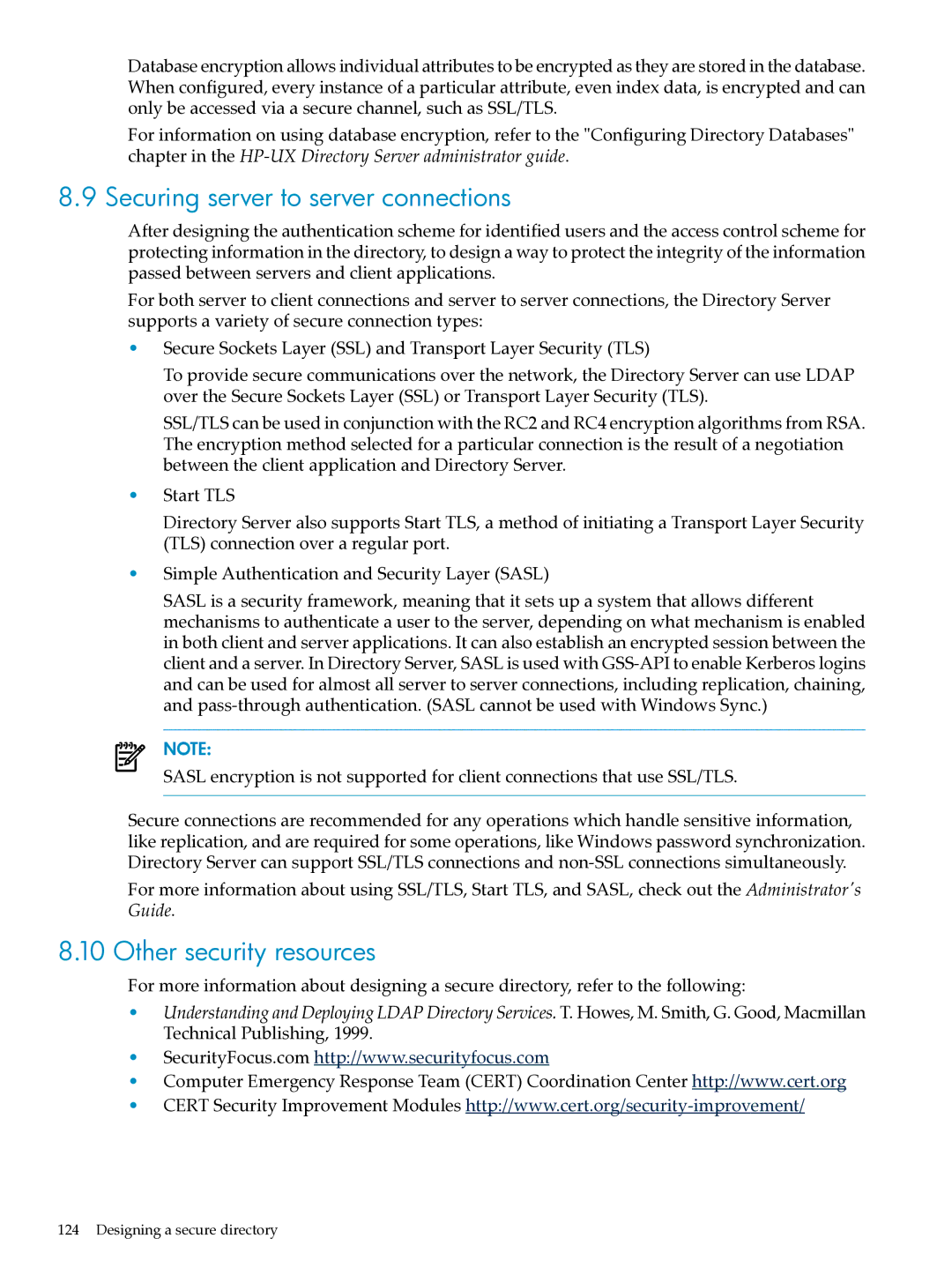 HP UX Direry Server manual Securing server to server connections, Other security resources 