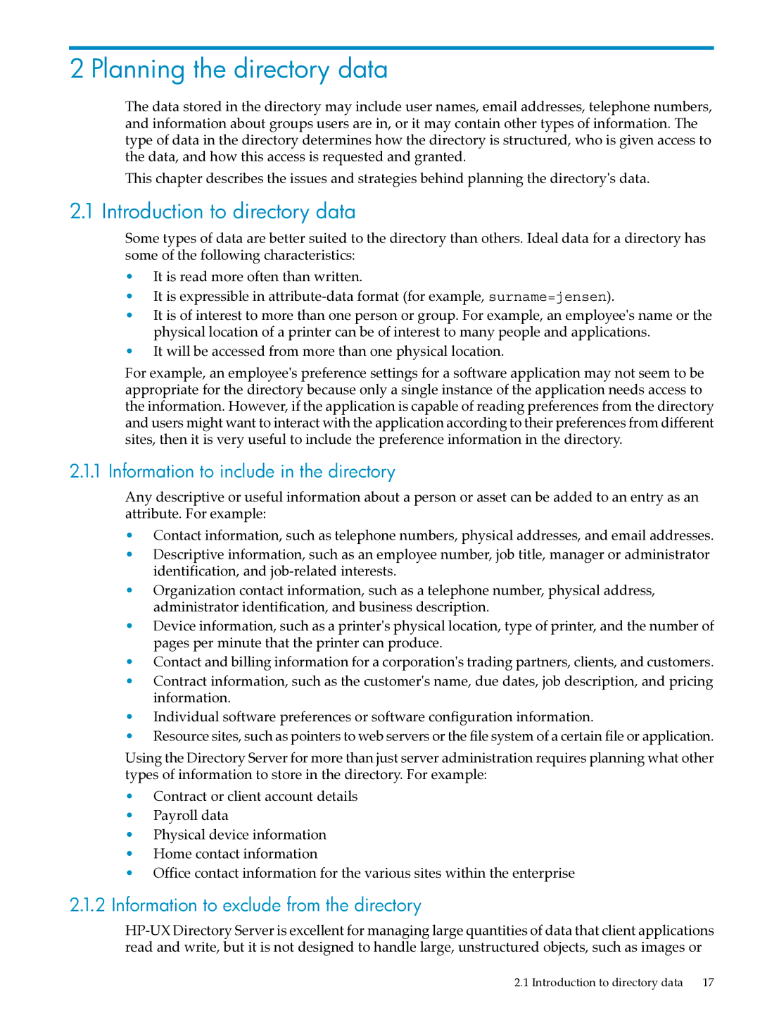 HP UX Direry Server Planning the directory data, Introduction to directory data, Information to include in the directory 