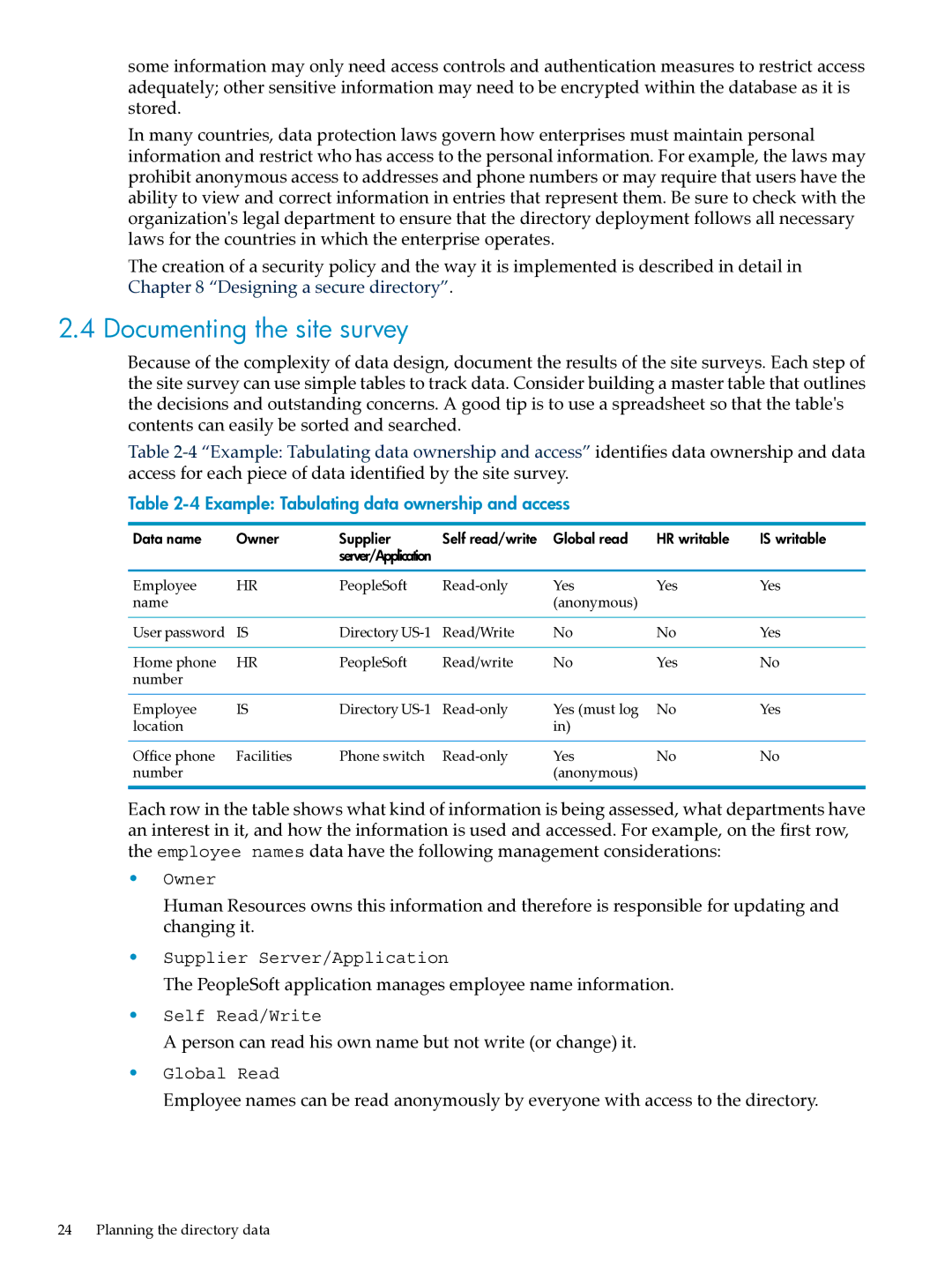 HP UX Direry Server manual Documenting the site survey, Example Tabulating data ownership and access 