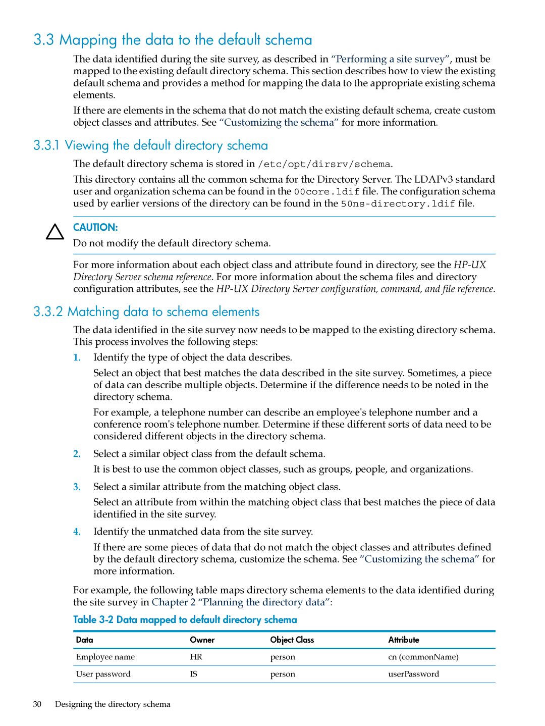 HP UX Direry Server manual Mapping the data to the default schema, Viewing the default directory schema 