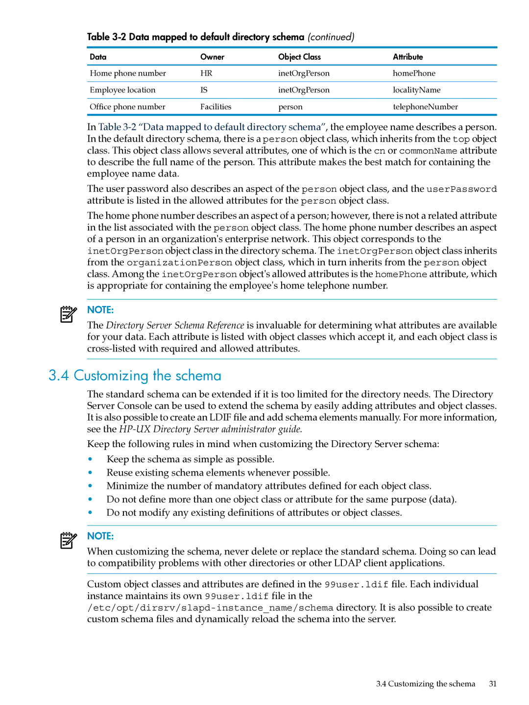 HP UX Direry Server manual Customizing the schema, Data mapped to default directory schema 