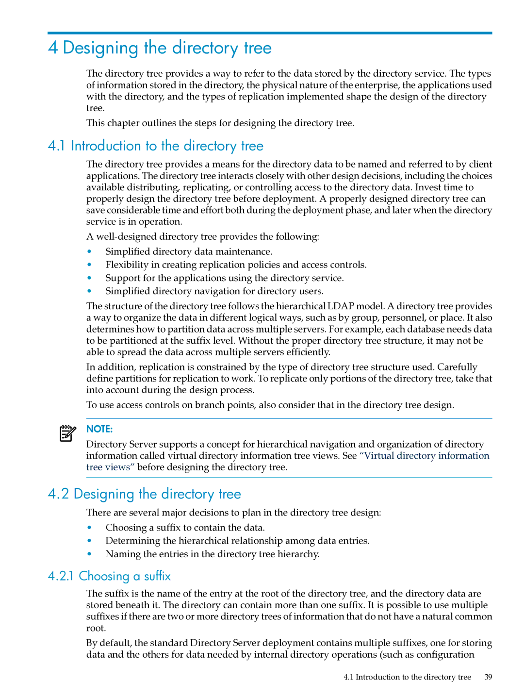 HP UX Direry Server manual Designing the directory tree, Introduction to the directory tree, Choosing a suffix 