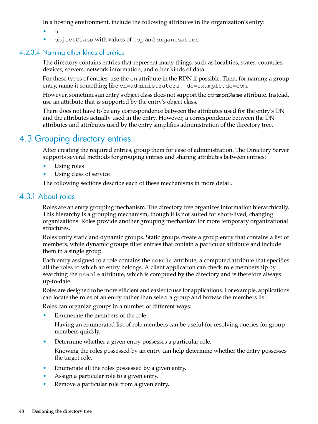 HP UX Direry Server manual Grouping directory entries, About roles, Naming other kinds of entries 