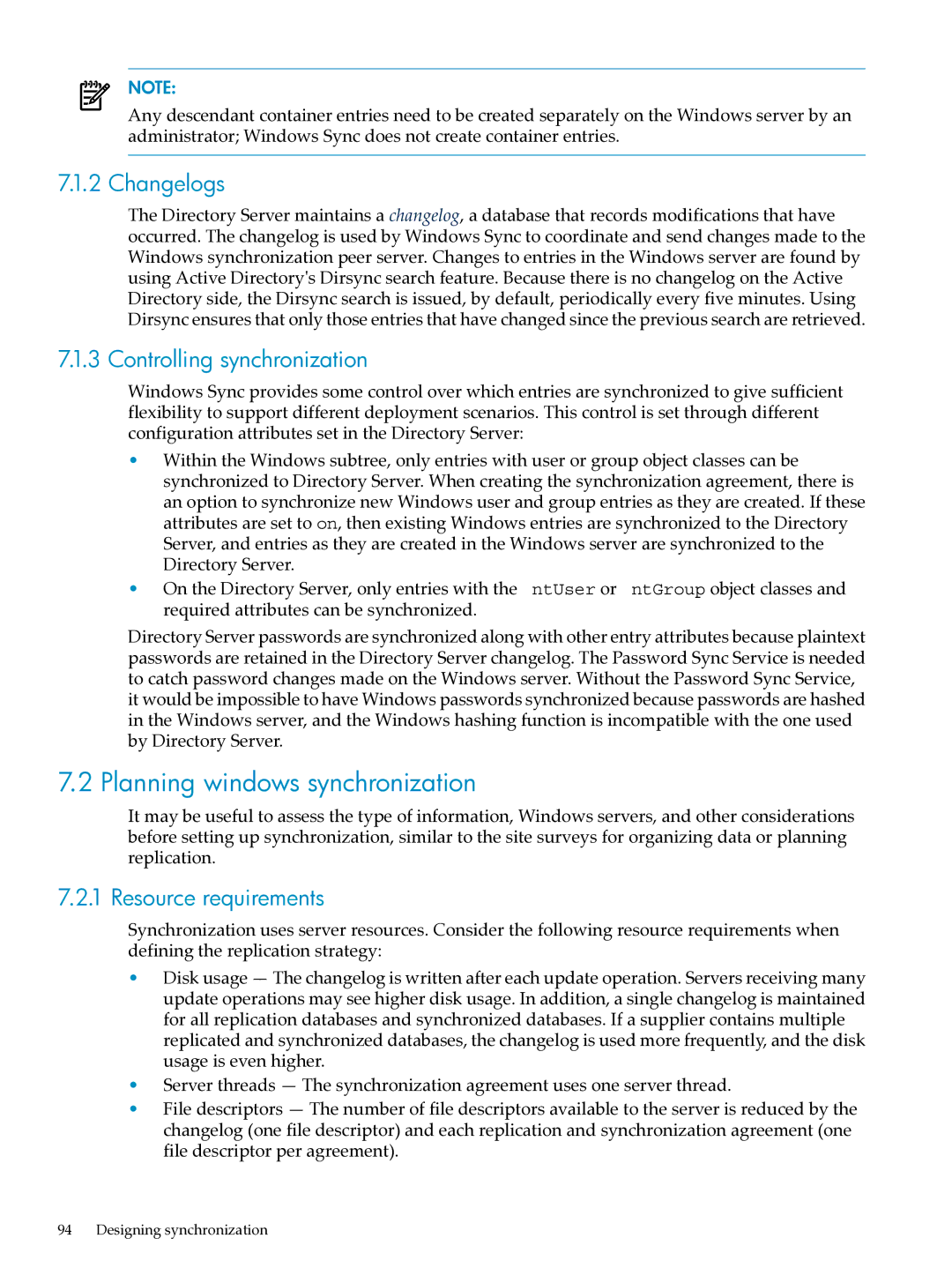 HP UX Direry Server manual Planning windows synchronization, Changelogs, Controlling synchronization, Resource requirements 