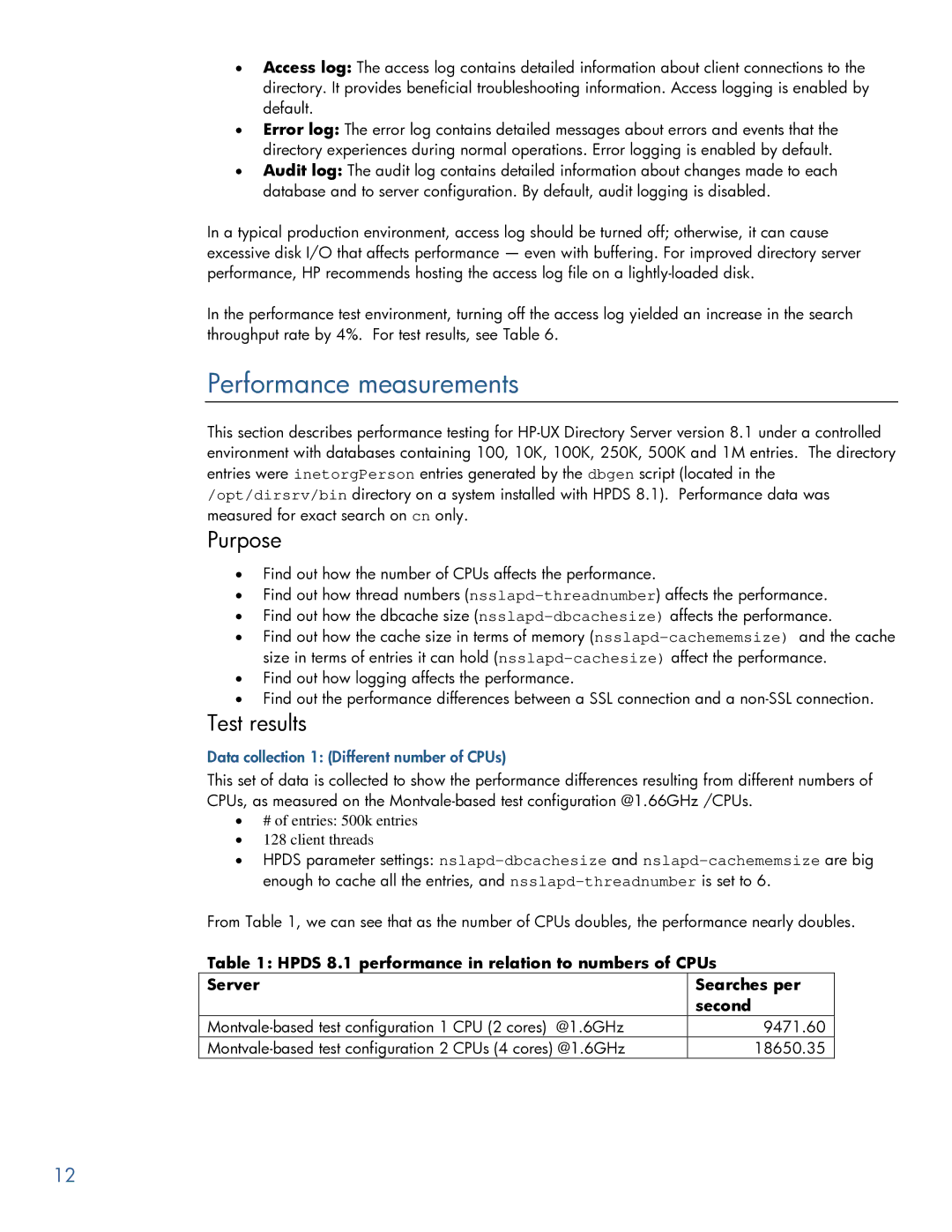 HP UX Direry Server manual Performance measurements, Purpose, Test results, Data collection 1 Different number of CPUs 