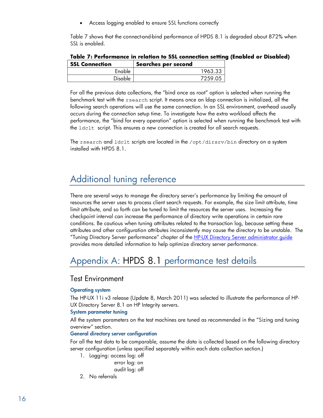 HP UX Direry Server manual Additional tuning reference, Appendix a Hpds 8.1 performance test details, Test Environment 