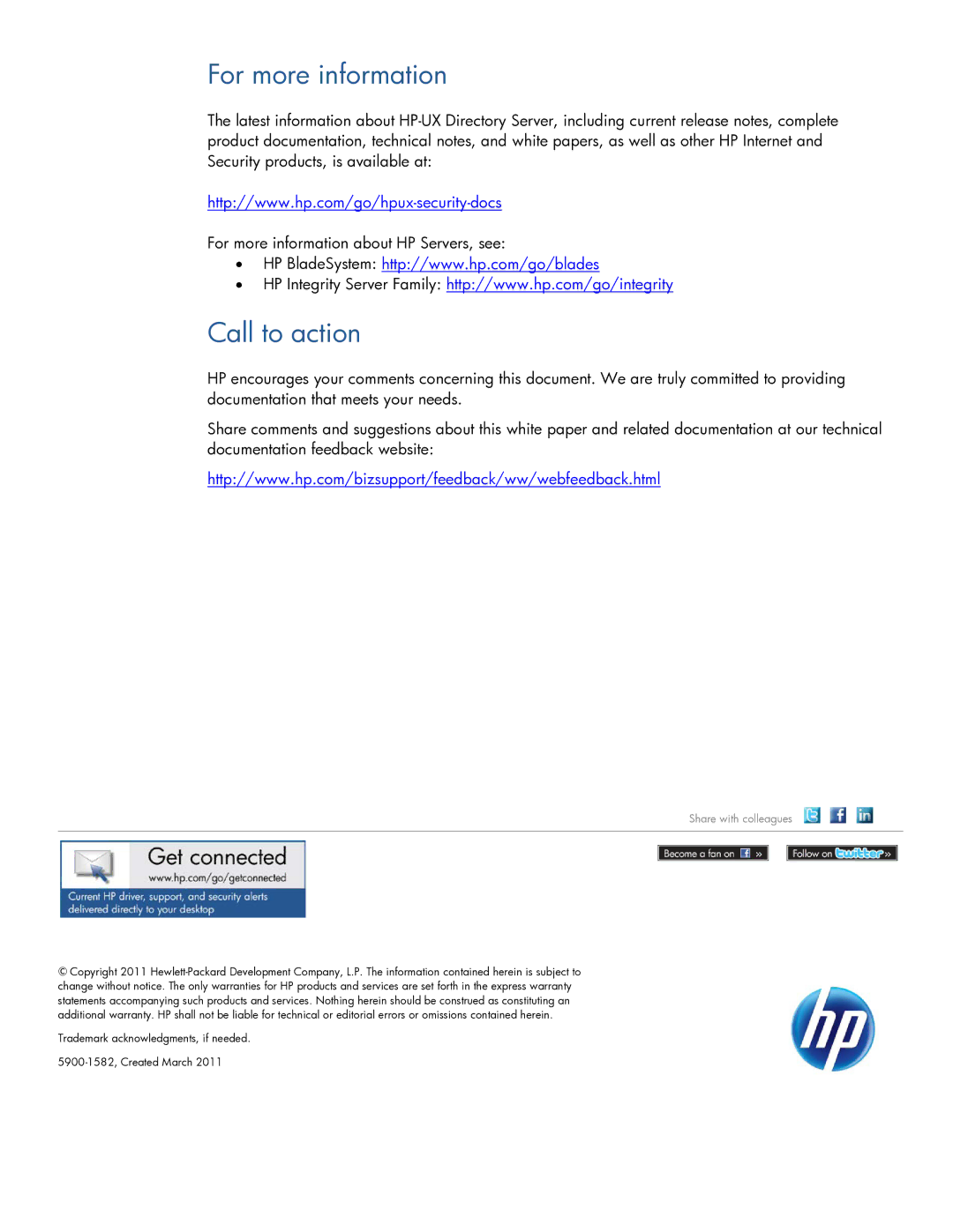 HP UX Direry Server manual For more information, Call to action 