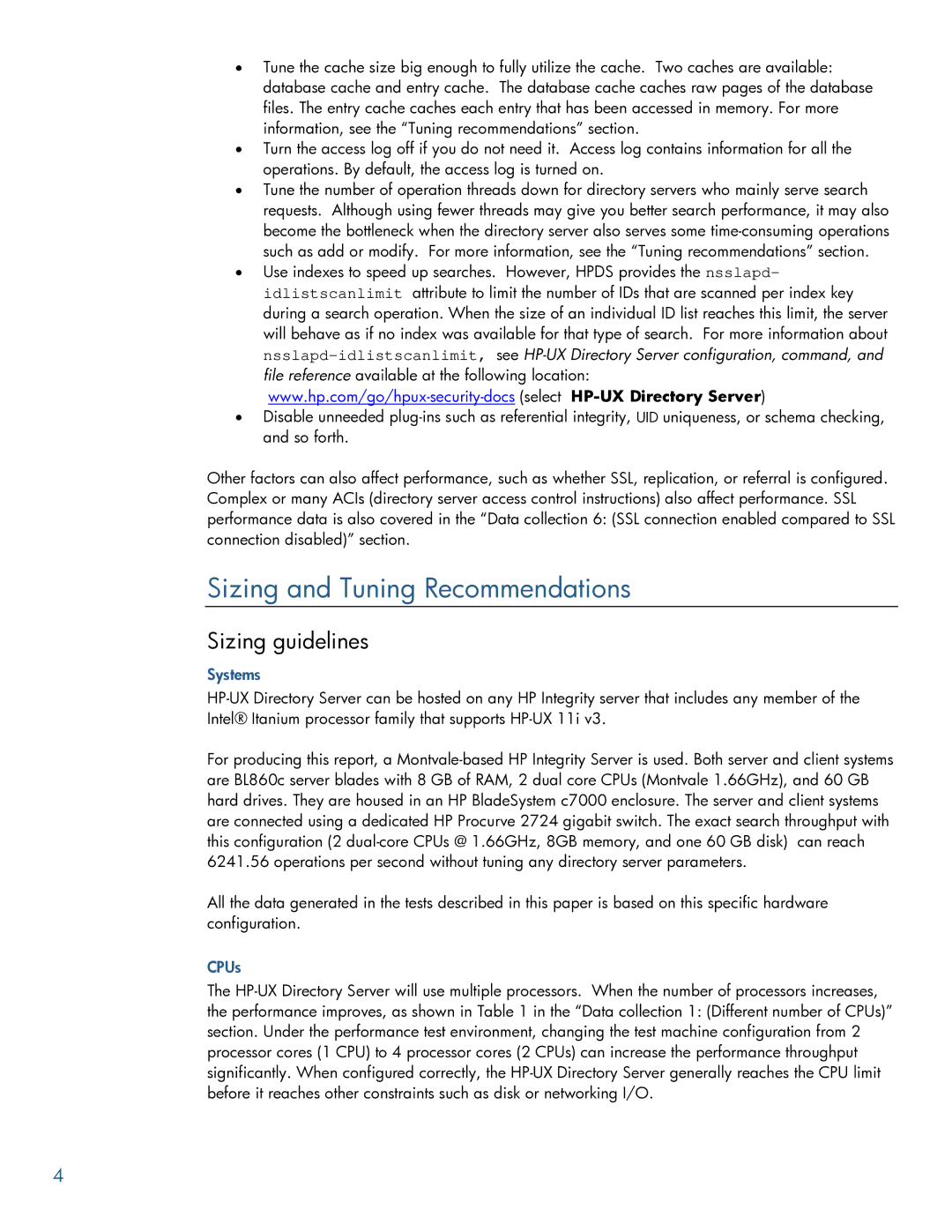 HP UX Direry Server manual Sizing and Tuning Recommendations, Sizing guidelines, Systems, CPUs 