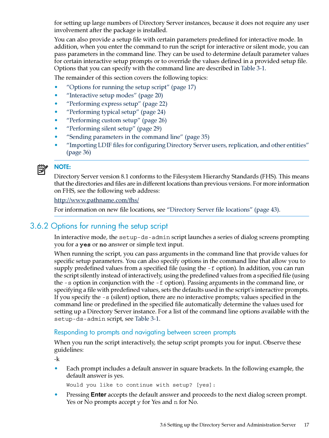 HP UX Direry Server Options for running the setup script, Responding to prompts and navigating between screen prompts 