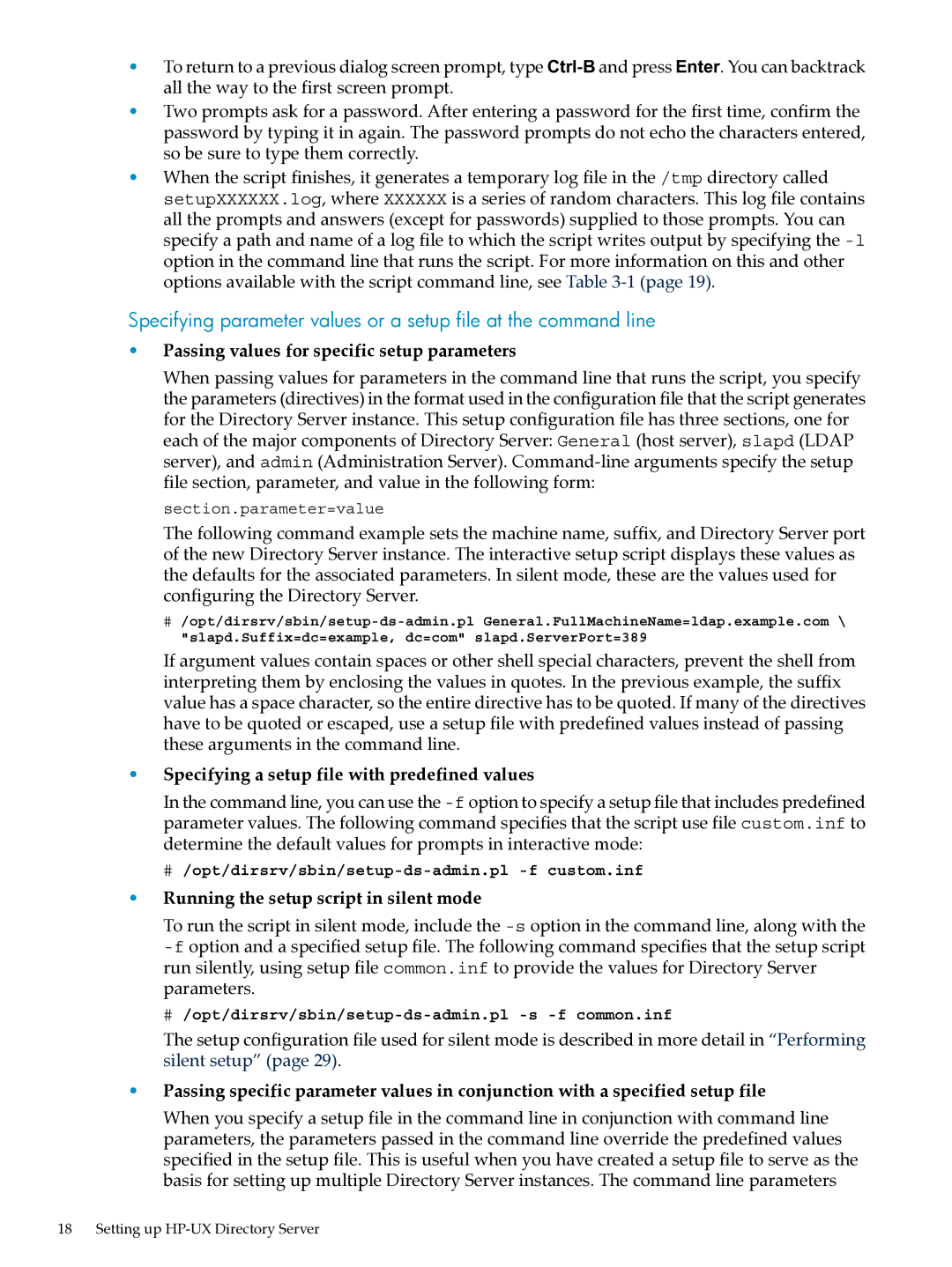 HP UX Direry Server manual Passing values for specific setup parameters 