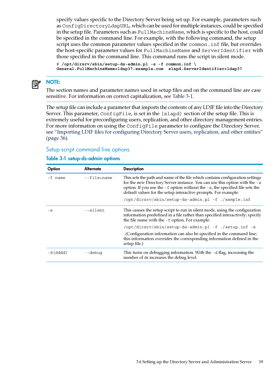 HP UX Direry Server Setup script command line options, Setup-ds-admin options, File name with the -f option. For example 