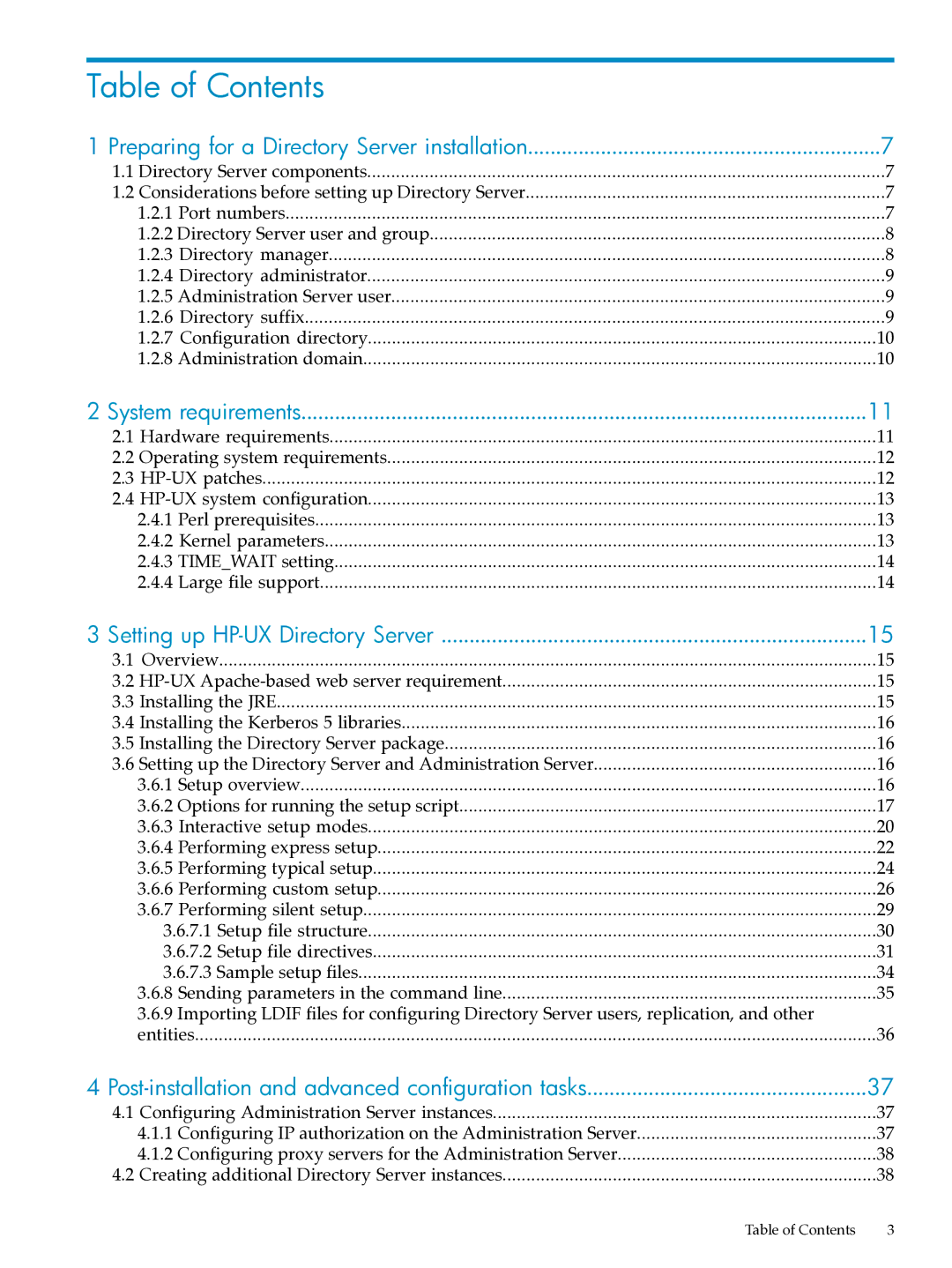 HP UX Direry Server manual Table of Contents 