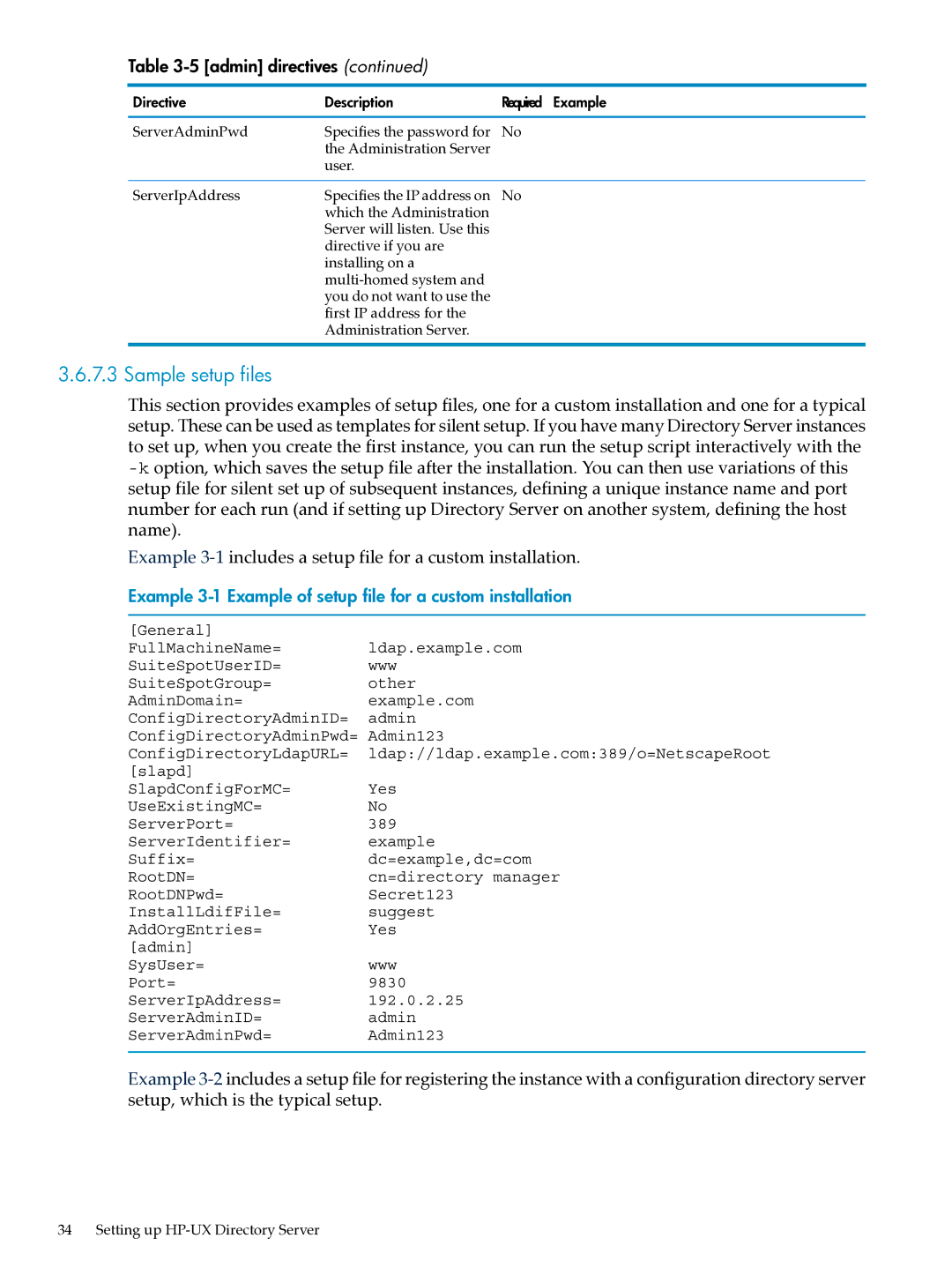 HP UX Direry Server manual Sample setup files, Example 3-1 Example of setup file for a custom installation 