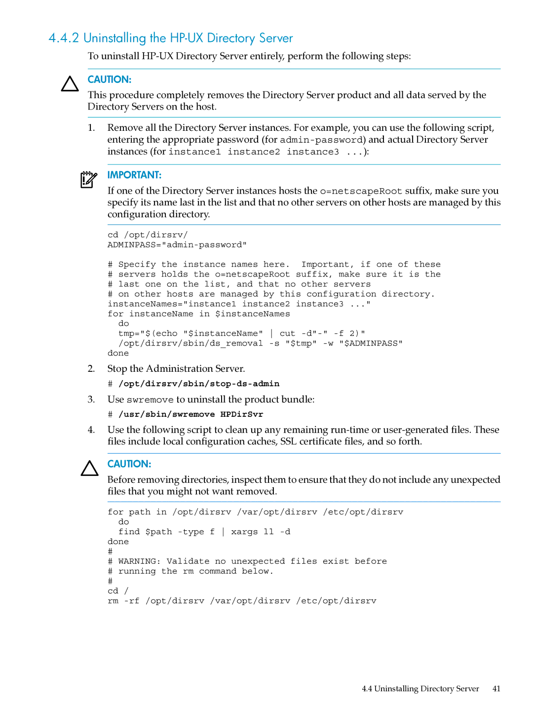 HP UX Direry Server manual Uninstalling the HP-UX Directory Server, Uninstalling Directory Server 