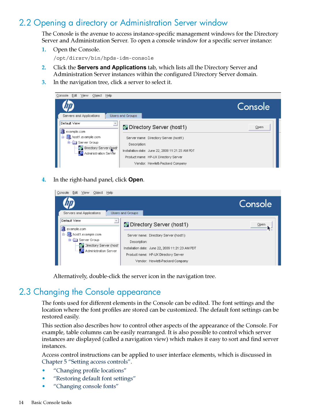 HP UX Direry Server manual Opening a directory or Administration Server window, Changing the Console appearance 