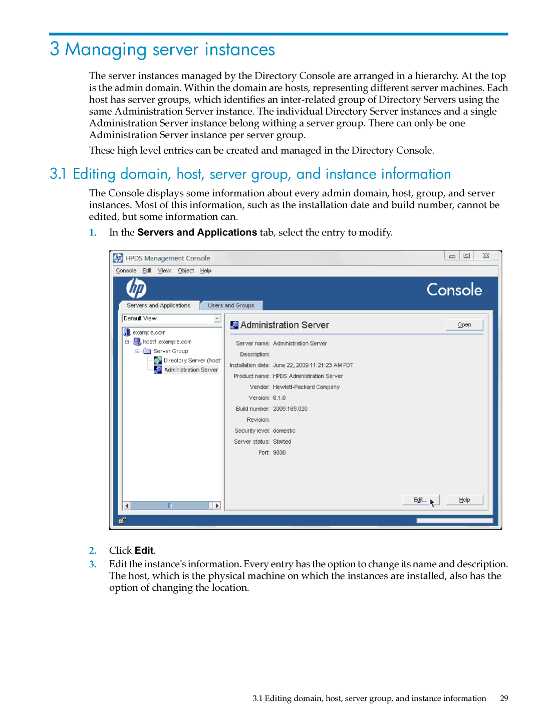 HP UX Direry Server manual Managing server instances, Editing domain, host, server group, and instance information 