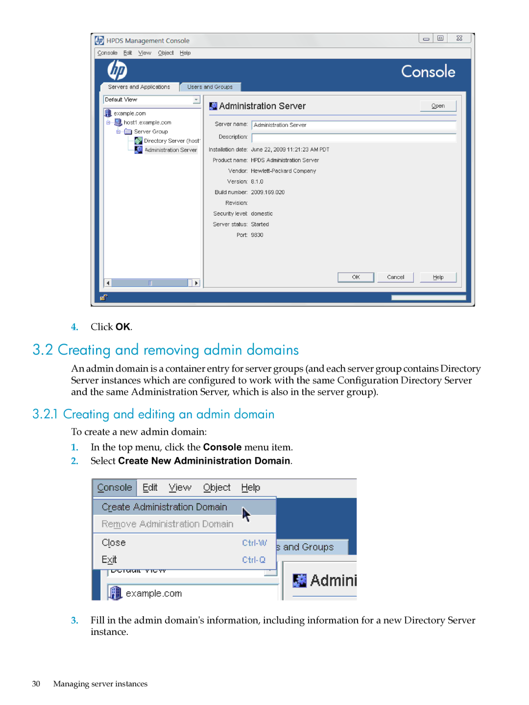 HP UX Direry Server manual Creating and removing admin domains, Creating and editing an admin domain 