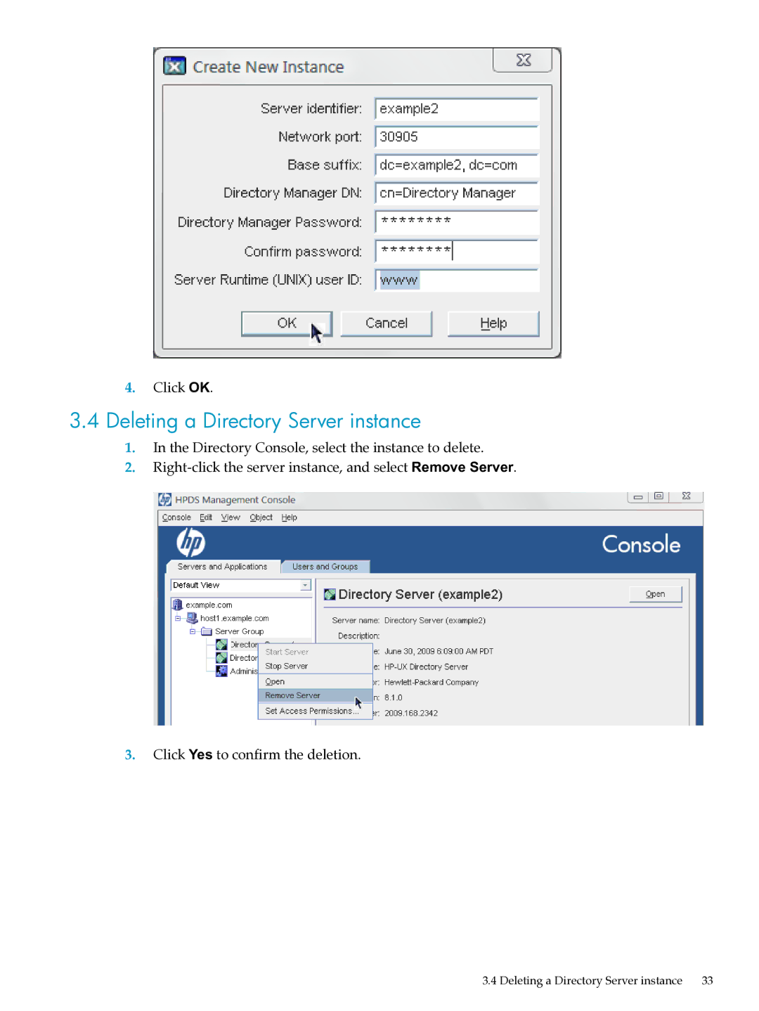 HP UX Direry Server manual Deleting a Directory Server instance 