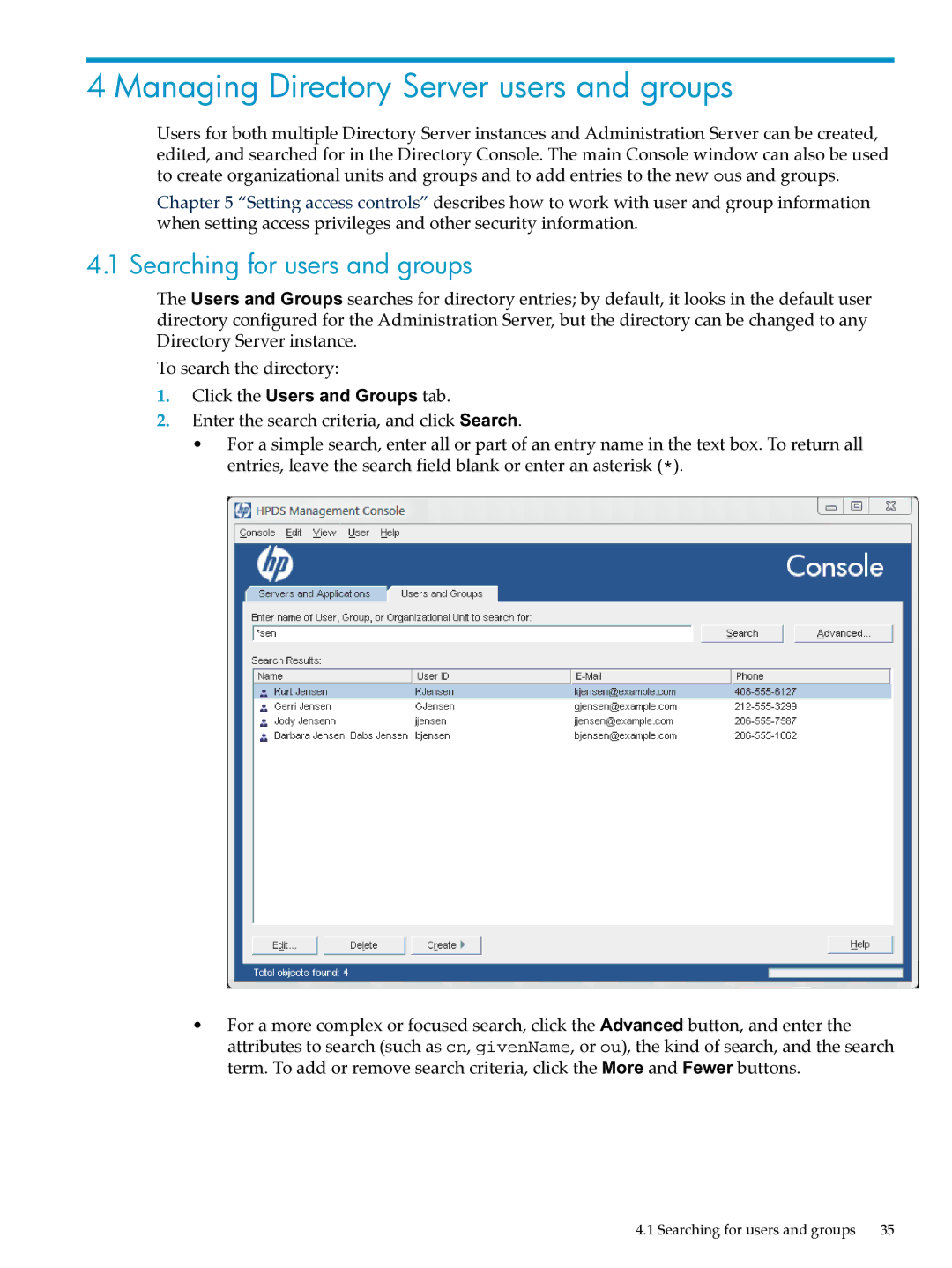 HP UX Direry Server manual Managing Directory Server users and groups, Searching for users and groups 