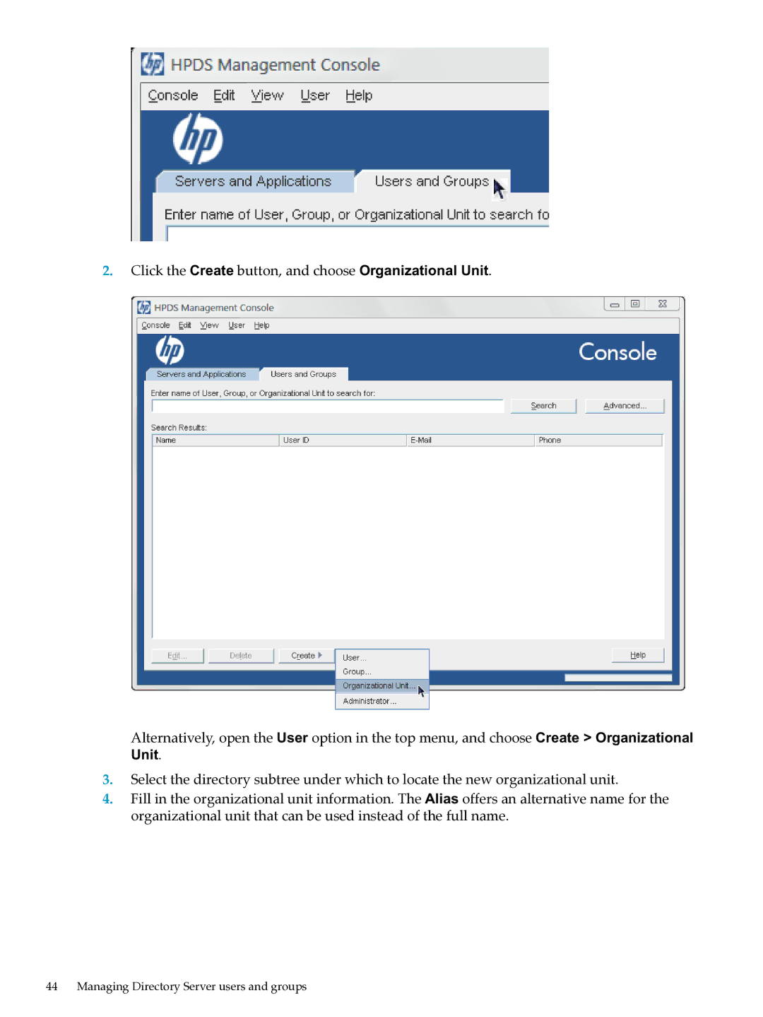 HP UX Direry Server manual Click the Create button, and choose Organizational Unit 