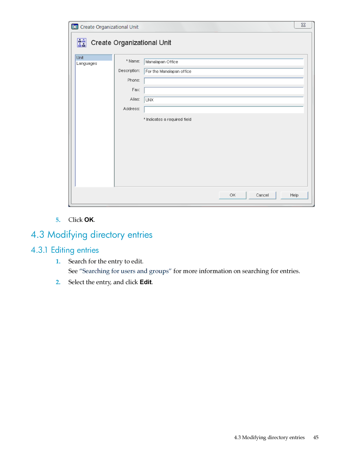 HP UX Direry Server manual Modifying directory entries, Editing entries 