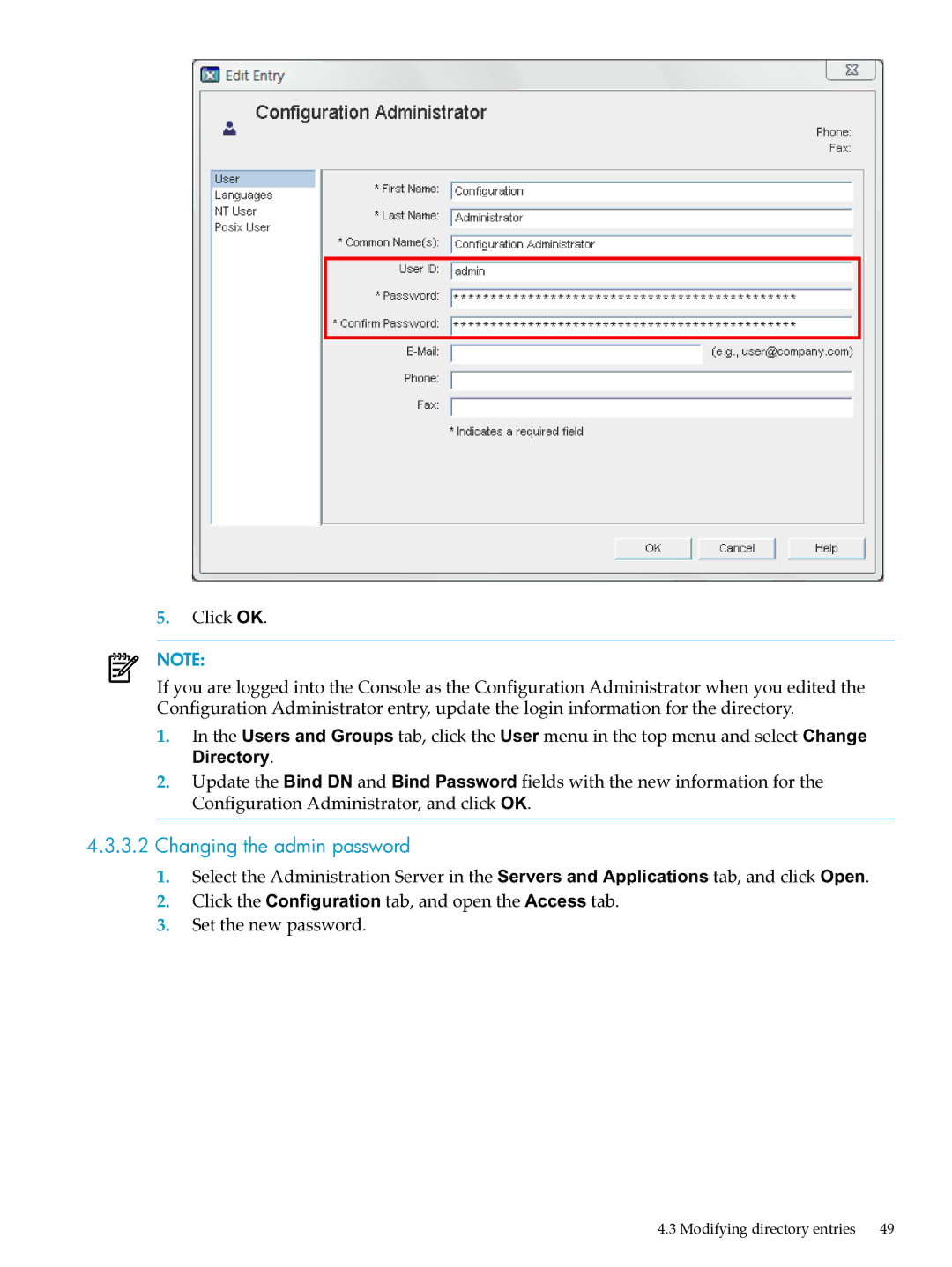 HP UX Direry Server manual Changing the admin password 