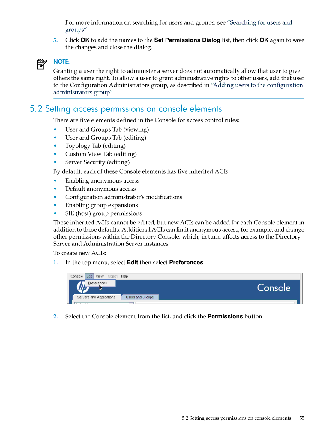 HP UX Direry Server manual Setting access permissions on console elements 