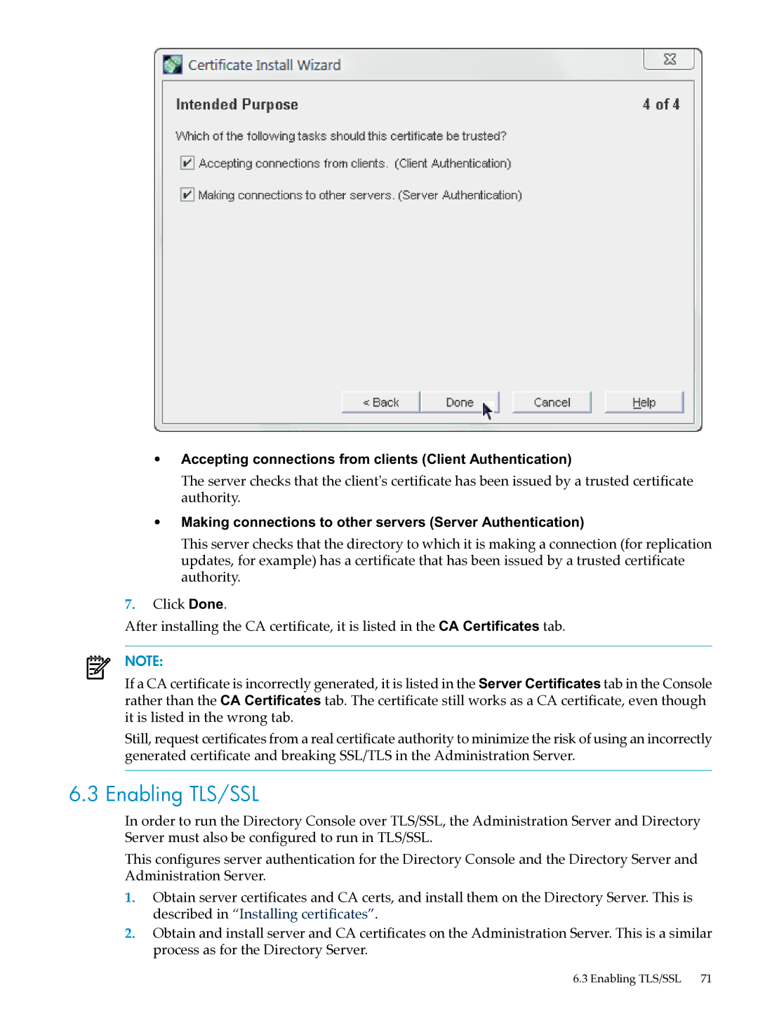 HP UX Direry Server manual Enabling TLS/SSL, Accepting connections from clients Client Authentication 