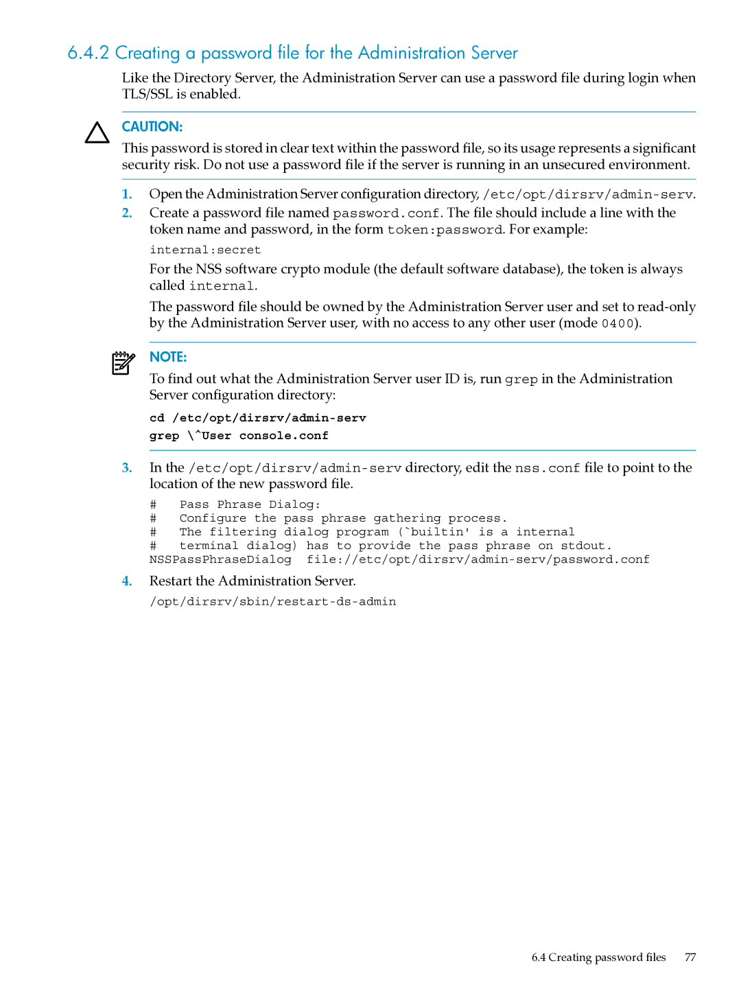 HP UX Direry Server manual Creating a password file for the Administration Server 