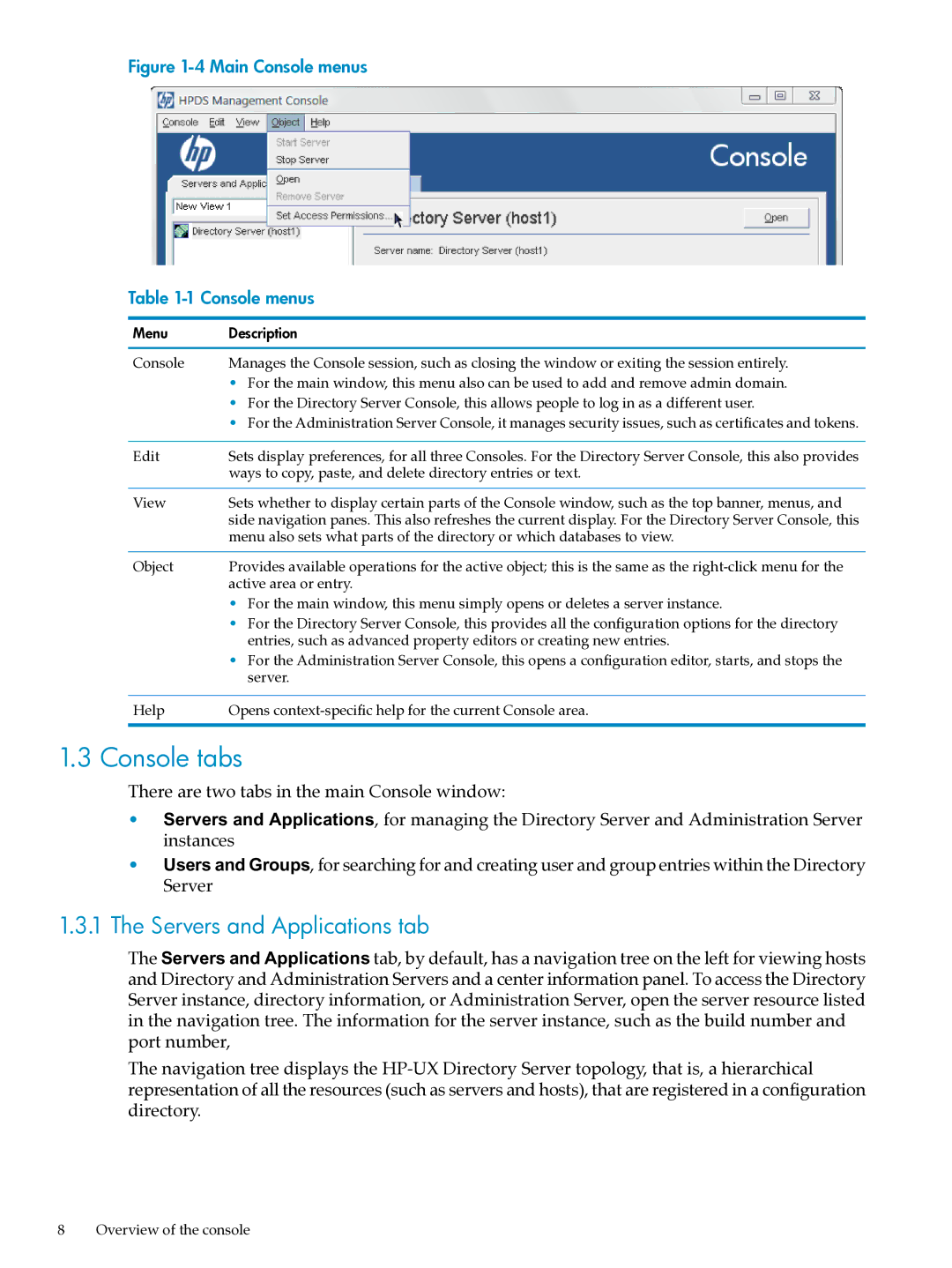 HP UX Direry Server manual Console tabs, Servers and Applications tab 