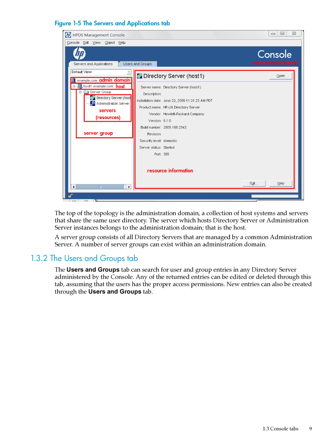 HP UX Direry Server manual Users and Groups tab, Servers and Applications tab 