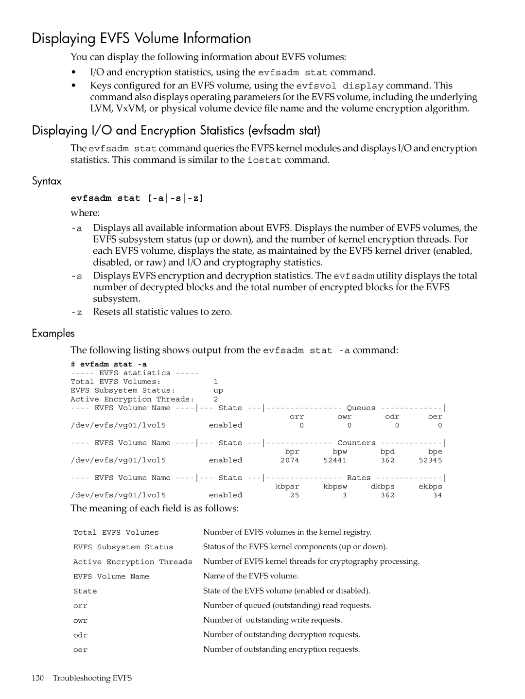 HP UX Encrypted Volume and Filesystem (EVFS) manual Displaying Evfs Volume Information, Evfsadm stat -a-s-z 