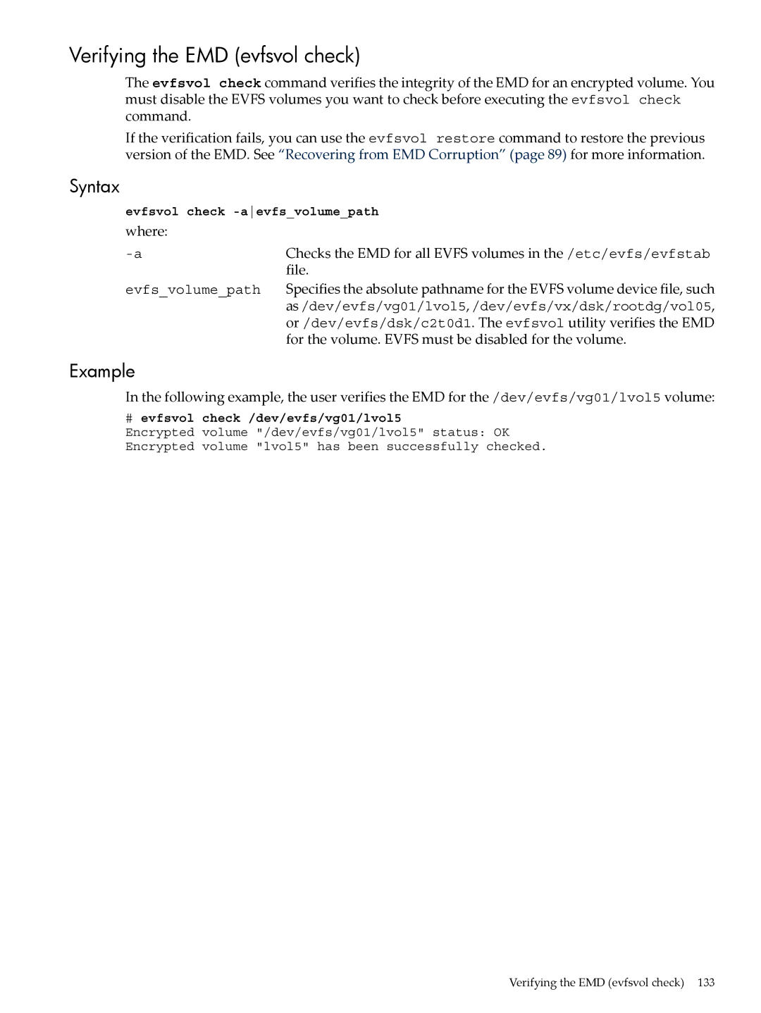 HP UX Encrypted Volume and Filesystem (EVFS) manual Verifying the EMD evfsvol check, Syntax 