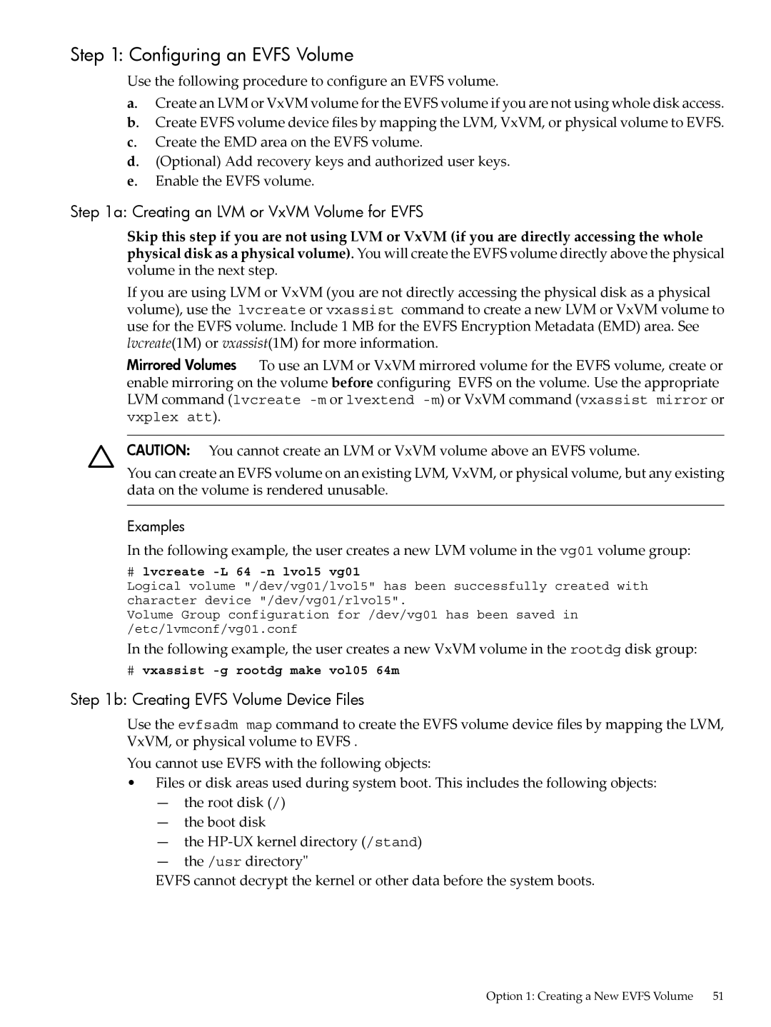 HP UX Encrypted Volume and Filesystem (EVFS) manual Configuring an Evfs Volume, Creating an LVM or VxVM Volume for Evfs 