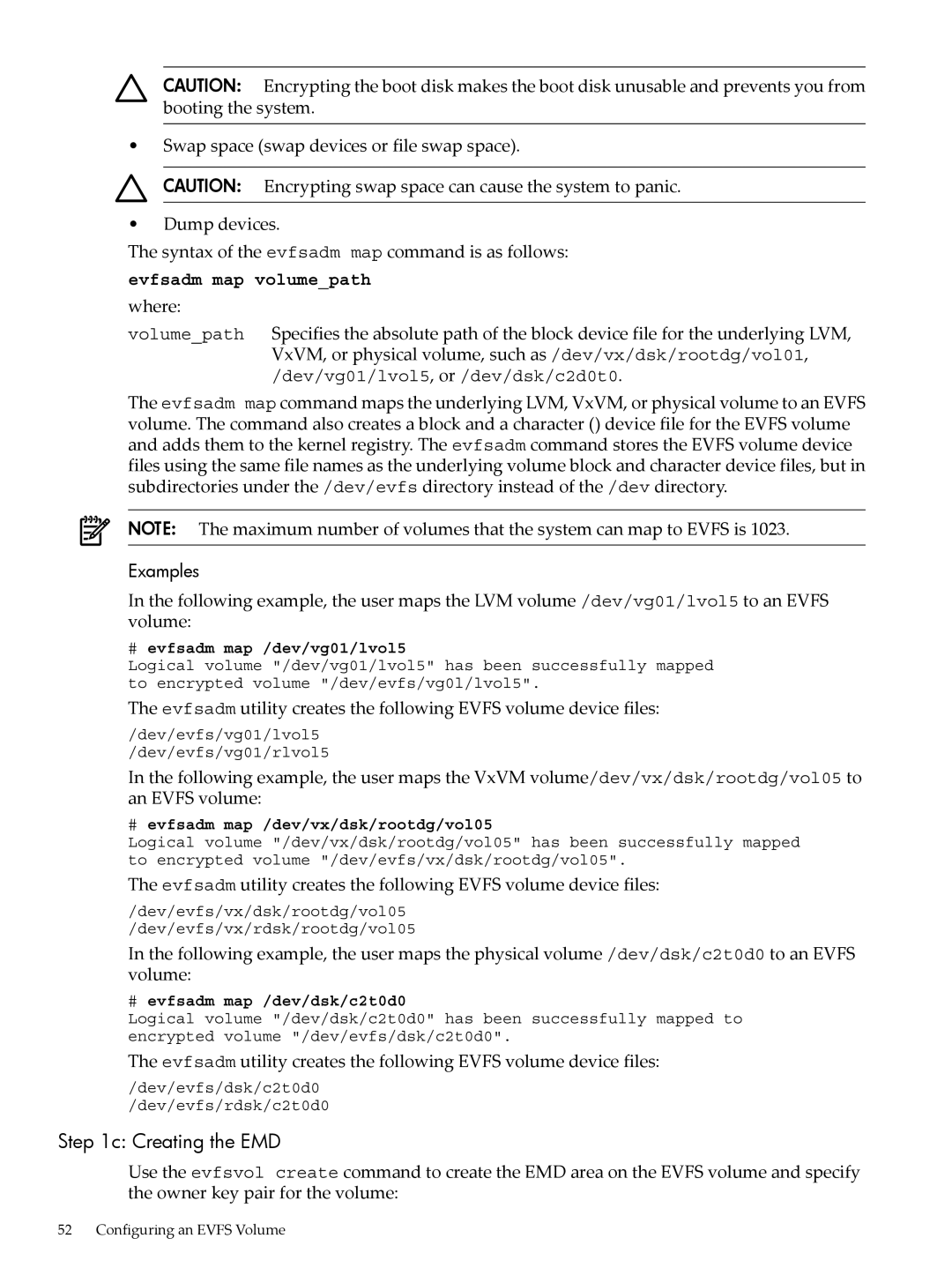 HP UX Encrypted Volume and Filesystem (EVFS) manual Creating the EMD, Evfsadm map volumepath 