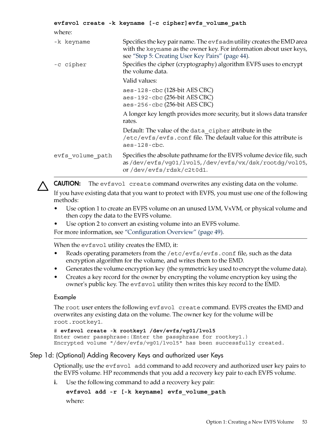 HP UX Encrypted Volume and Filesystem (EVFS) manual Optional Adding Recovery Keys and authorized user Keys 