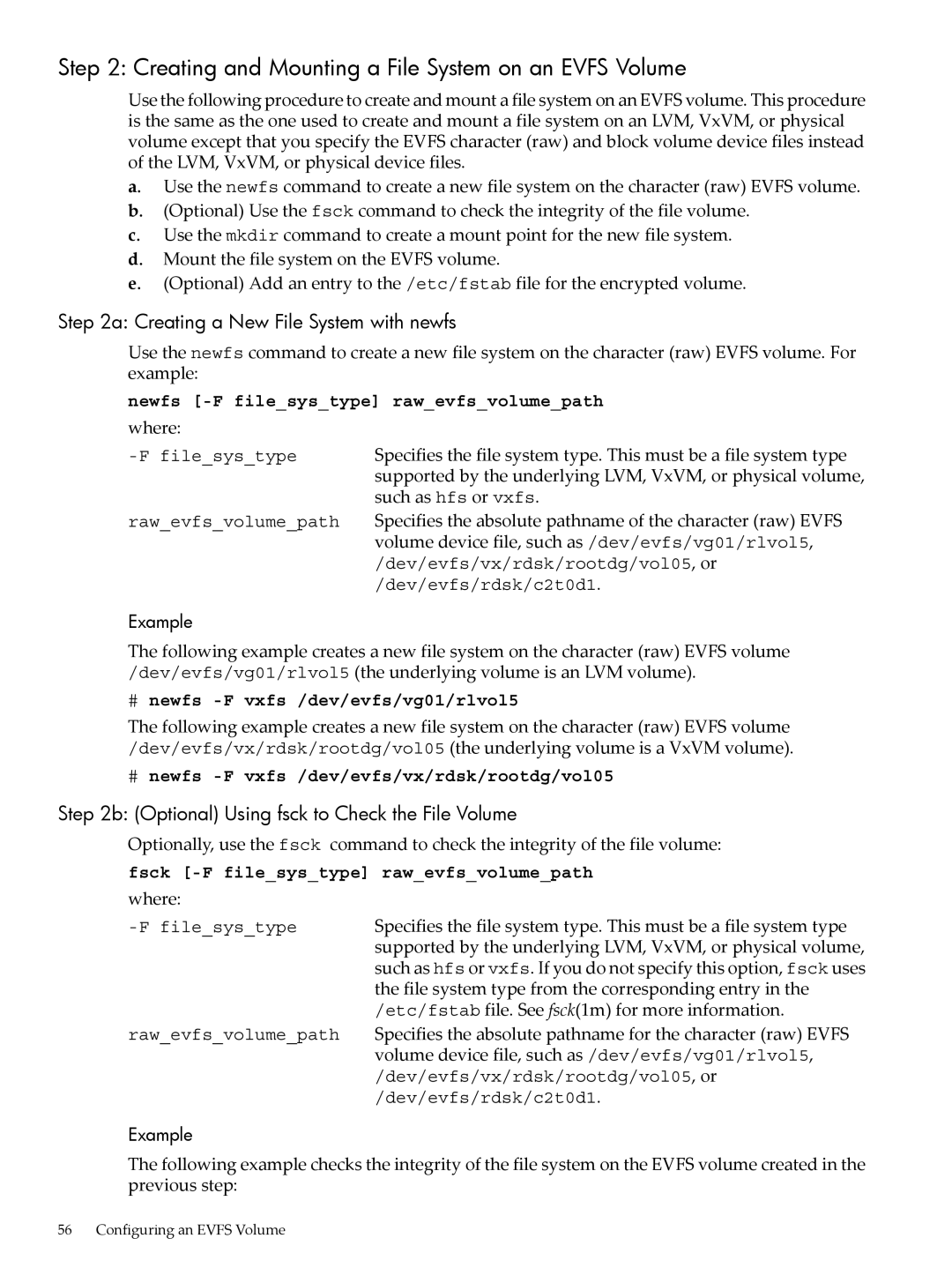 HP UX Encrypted Volume and Filesystem (EVFS) manual Creating and Mounting a File System on an Evfs Volume 