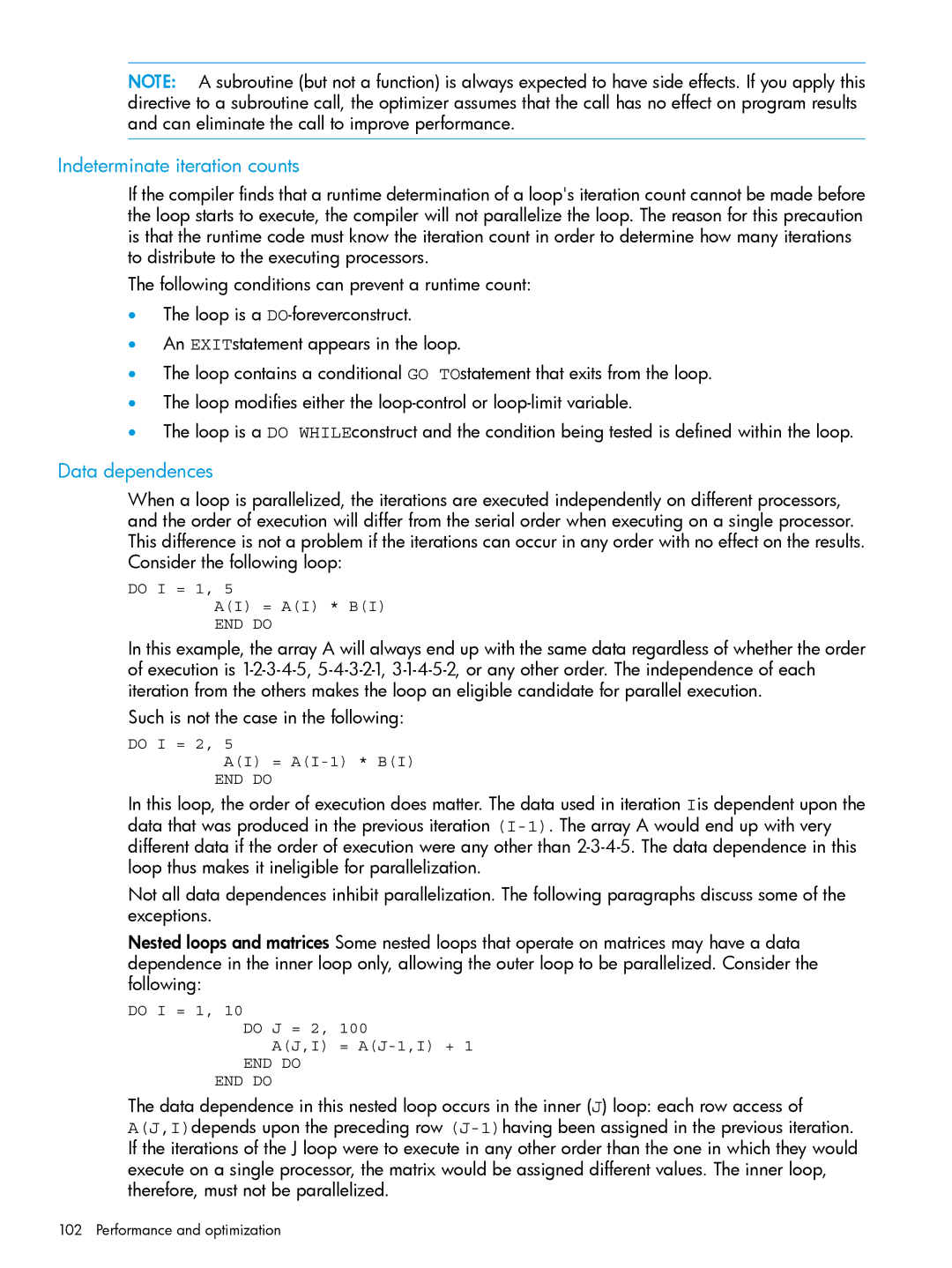 HP UX Fortran Software manual Indeterminate iteration counts, Data dependences 