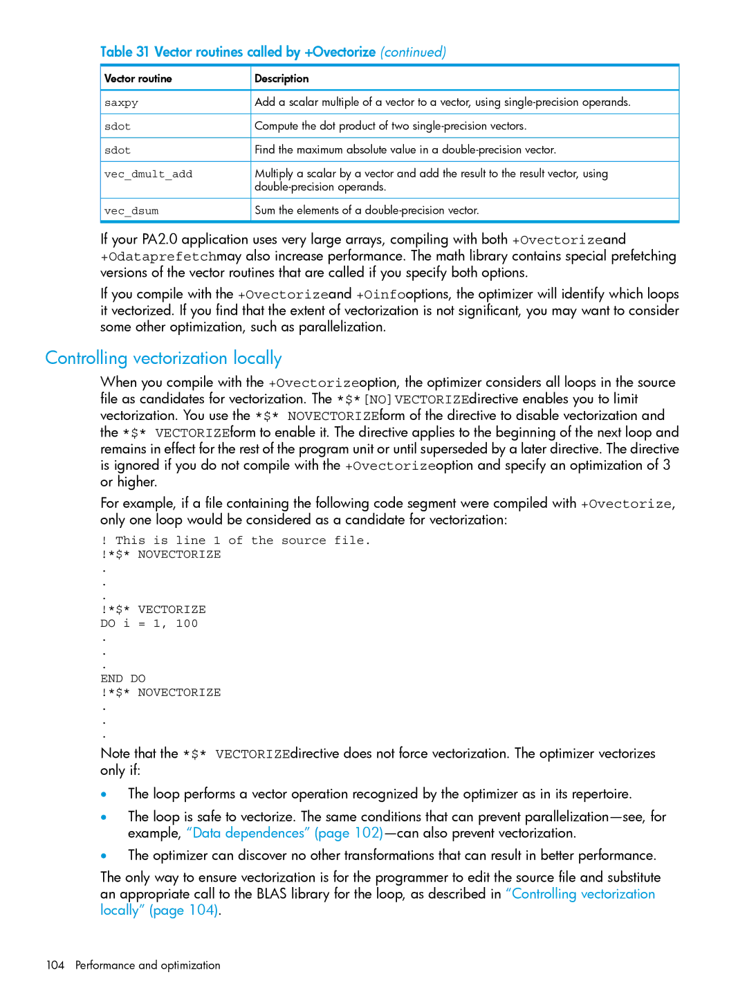 HP UX Fortran Software manual Controlling vectorization locally, Saxpy, Sdot, Vecdmultadd, Vecdsum 