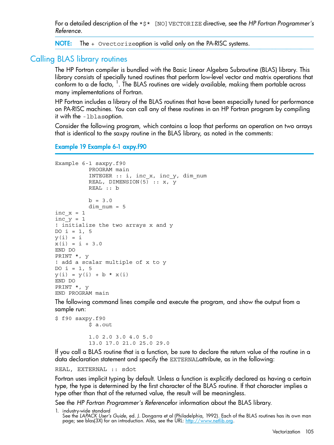 HP UX Fortran Software manual Calling Blas library routines, Example 19 Example 6-1 axpy.f90, REAL, External sdot 