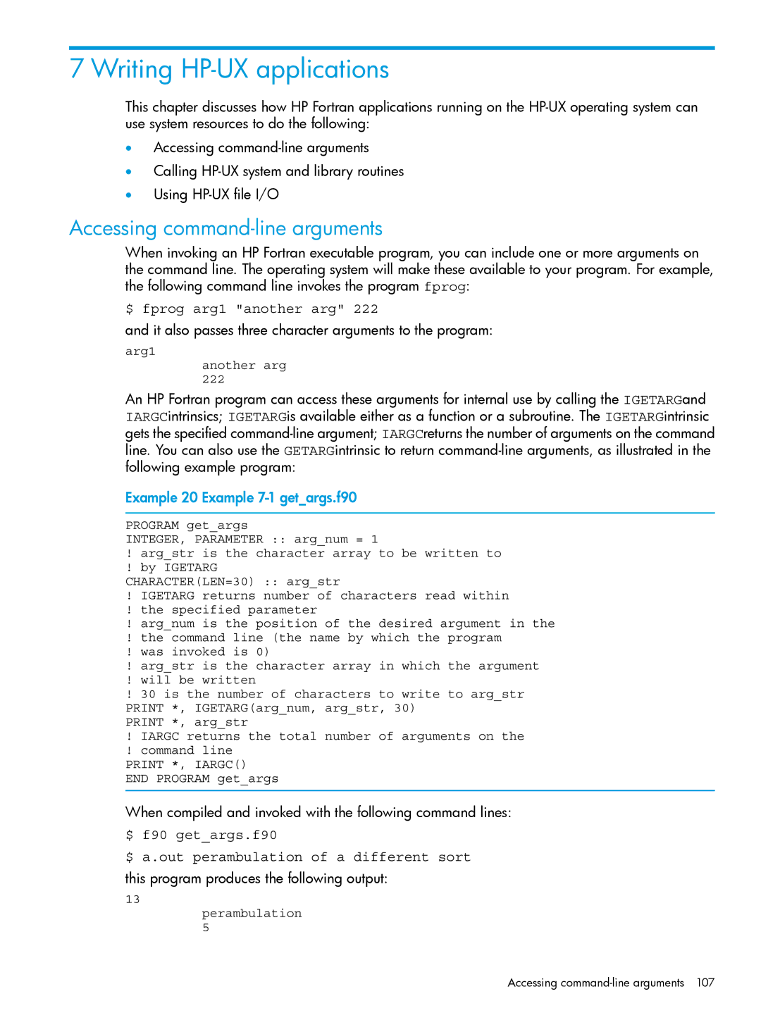 HP UX Fortran Software manual Writing HP-UX applications, Accessing command-line arguments, $ fprog arg1 another arg 