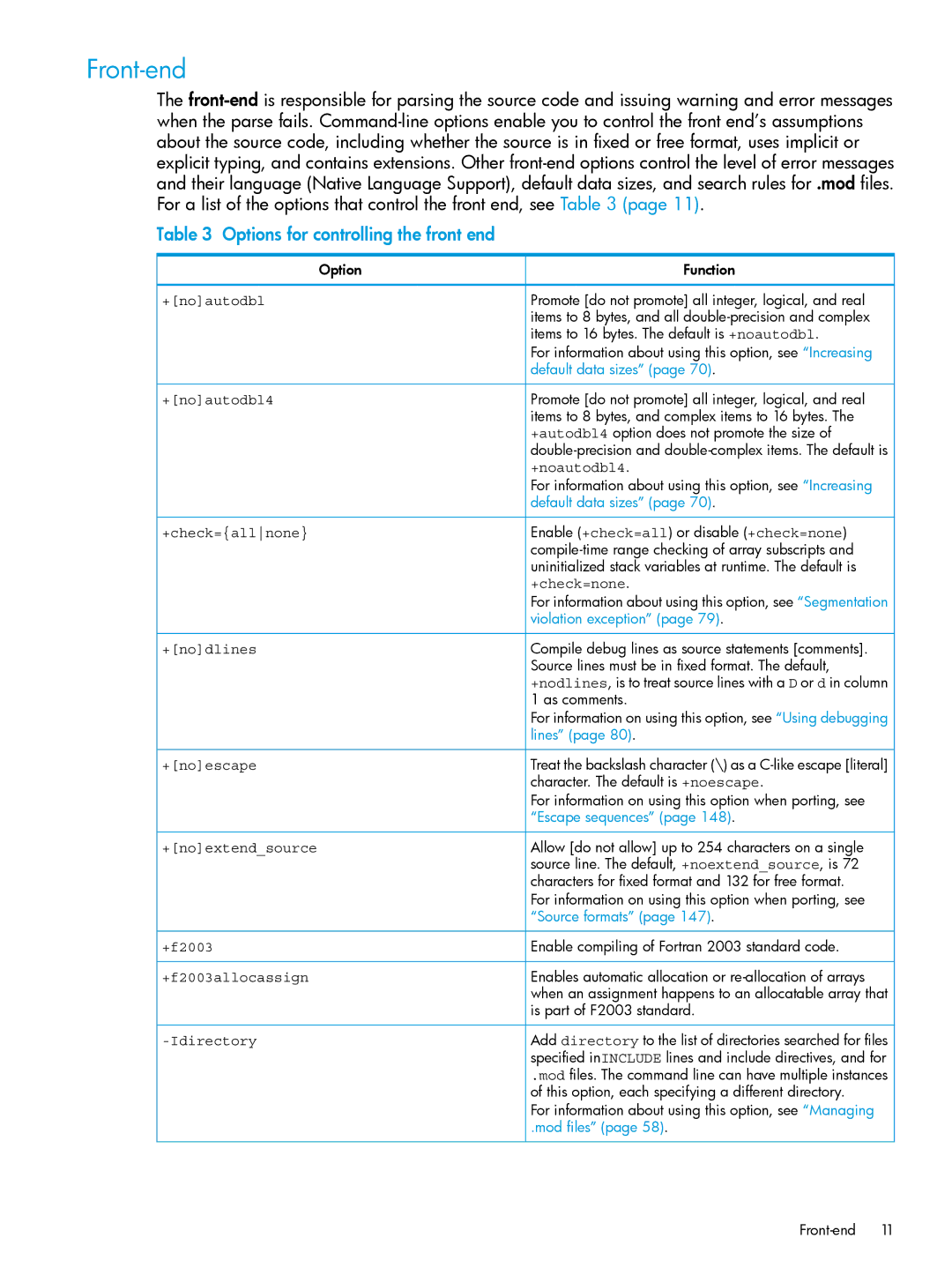 HP UX Fortran Software manual Front-end, Options for controlling the front end 