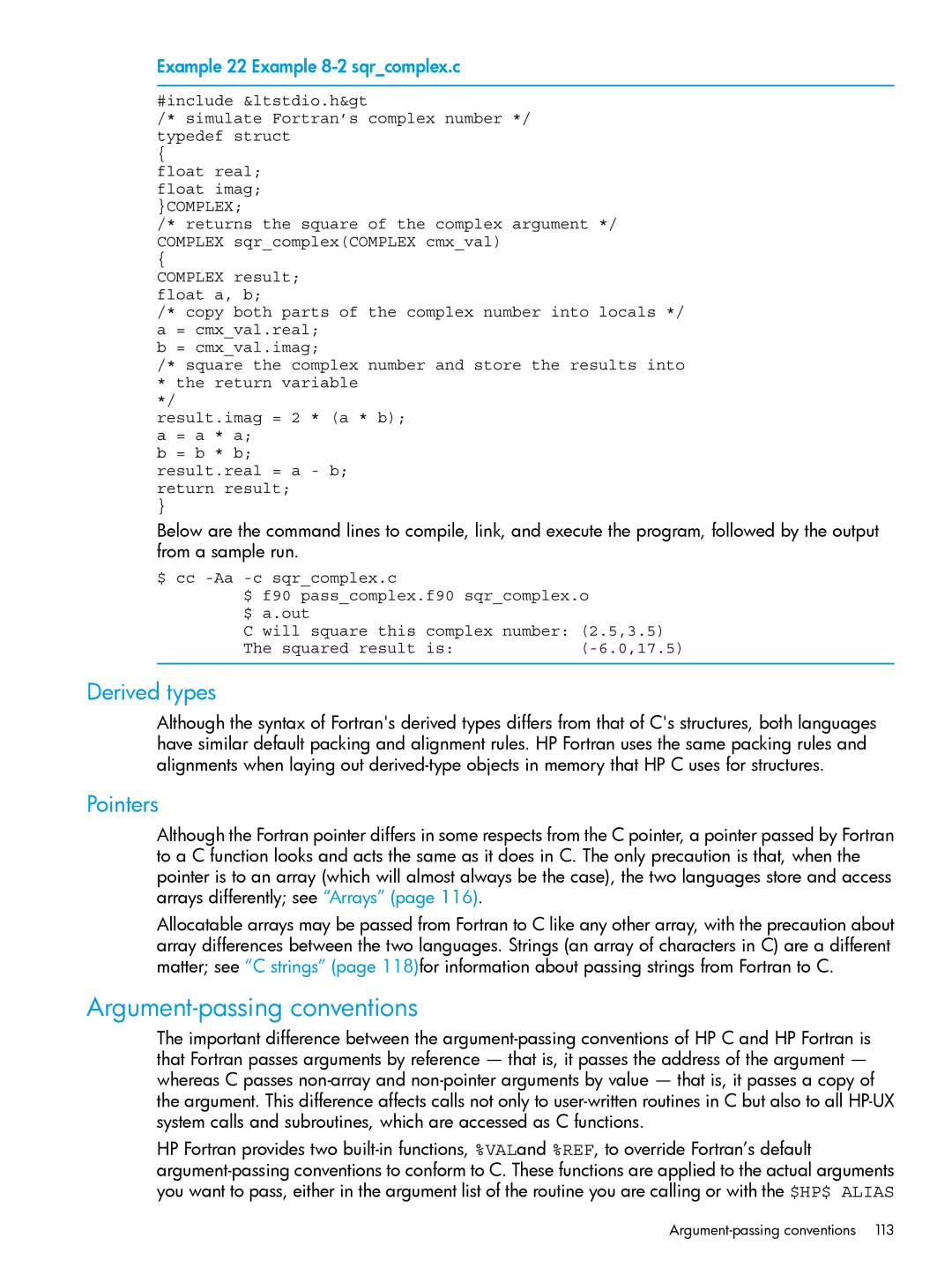 HP UX Fortran Software manual Argument-passing conventions, Derived types, Pointers, Example 22 Example 8-2 sqrcomplex.c 