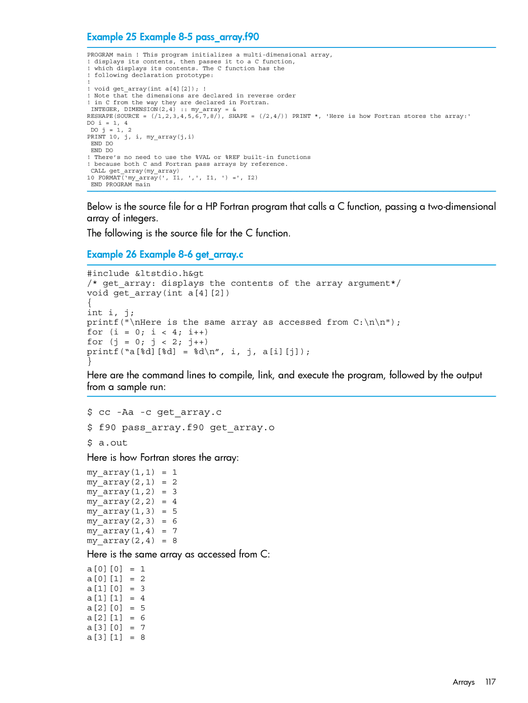 HP UX Fortran Software manual Example 25 Example 8-5 passarray.f90, Example 26 Example 8-6 getarray.c 