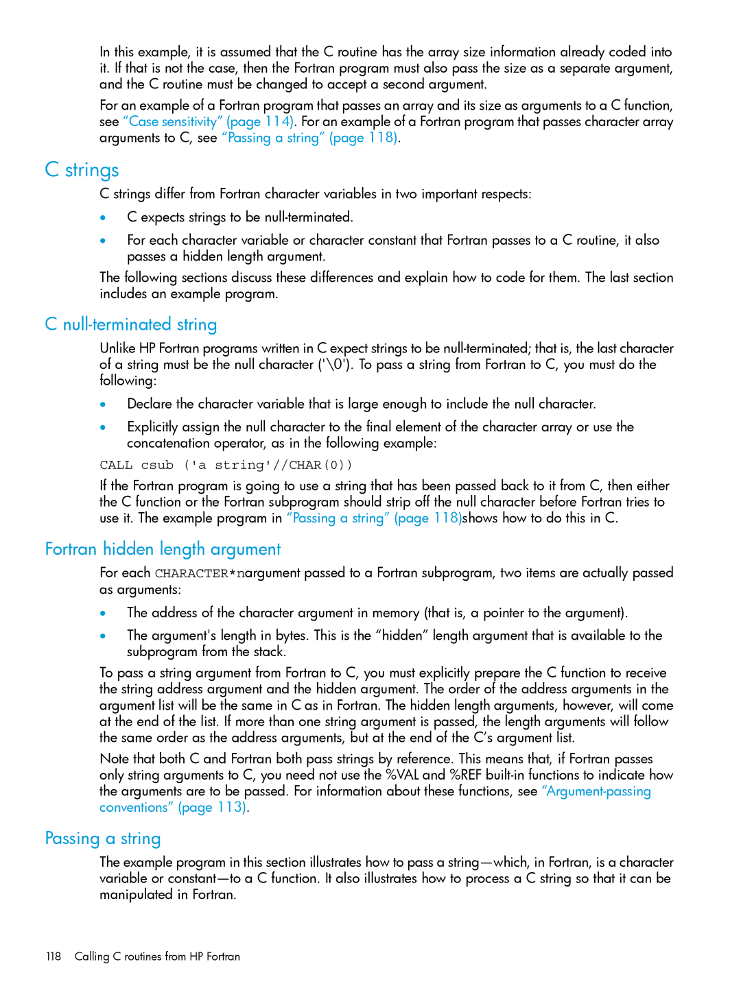 HP UX Fortran Software manual Strings, Null-terminated string, Fortran hidden length argument, Passing a string 