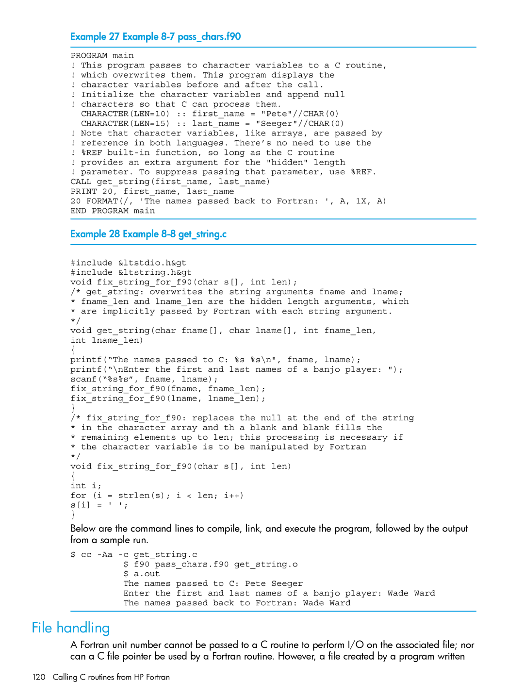 HP UX Fortran Software manual File handling, Example 27 Example 8-7 passchars.f90, Example 28 Example 8-8 getstring.c 