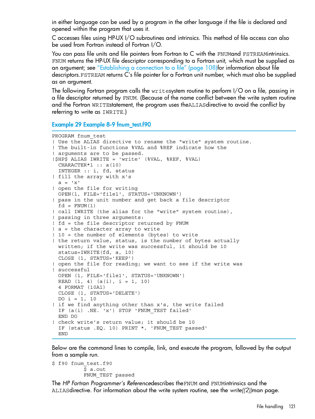 HP UX Fortran Software manual Example 29 Example 8-9 fnumtest.f90, File handling 