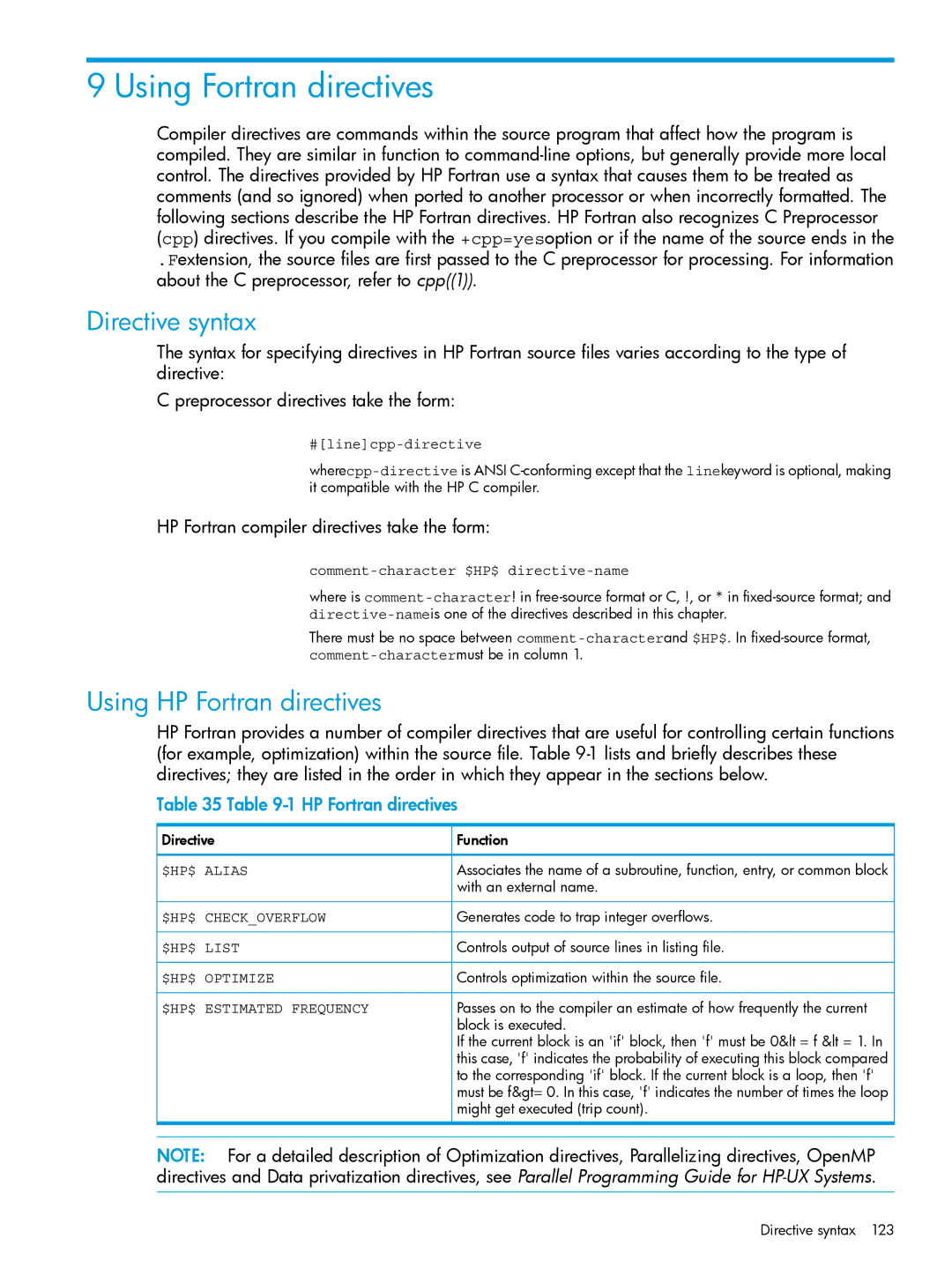 HP UX Fortran Software manual Using Fortran directives, Directive syntax, Using HP Fortran directives 