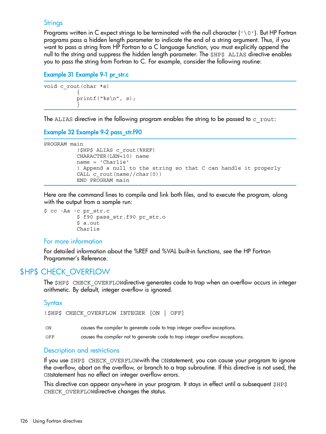 HP UX Fortran Software Strings, For more information, Example 31 Example 9-1 prstr.c, Example 32 Example 9-2 passstr.f90 