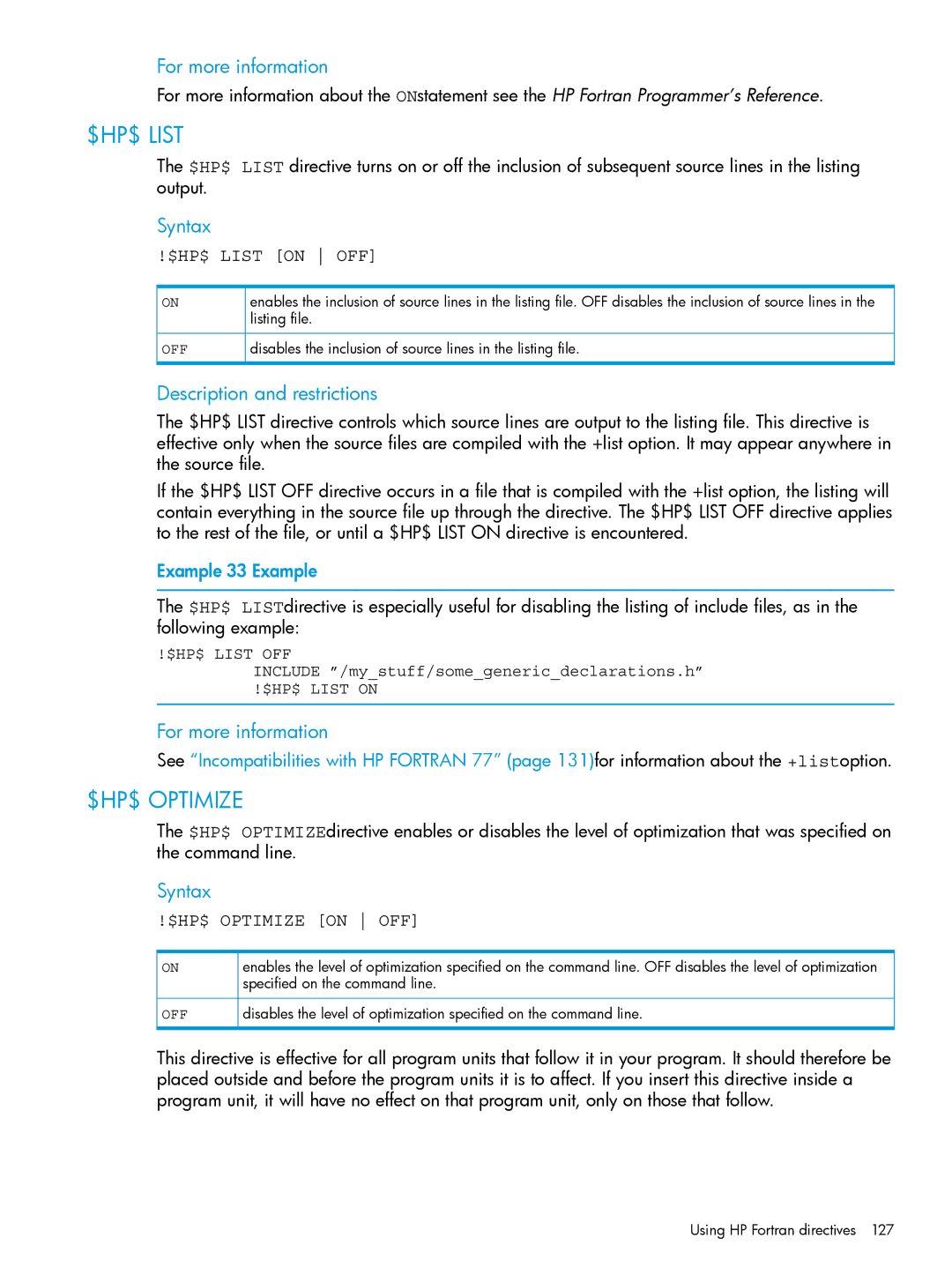 HP UX Fortran Software manual Example 33 Example, Listing file, Disables the inclusion of source lines in the listing file 